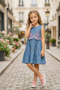 Blue Denim Frock with Pink Embroidery Design