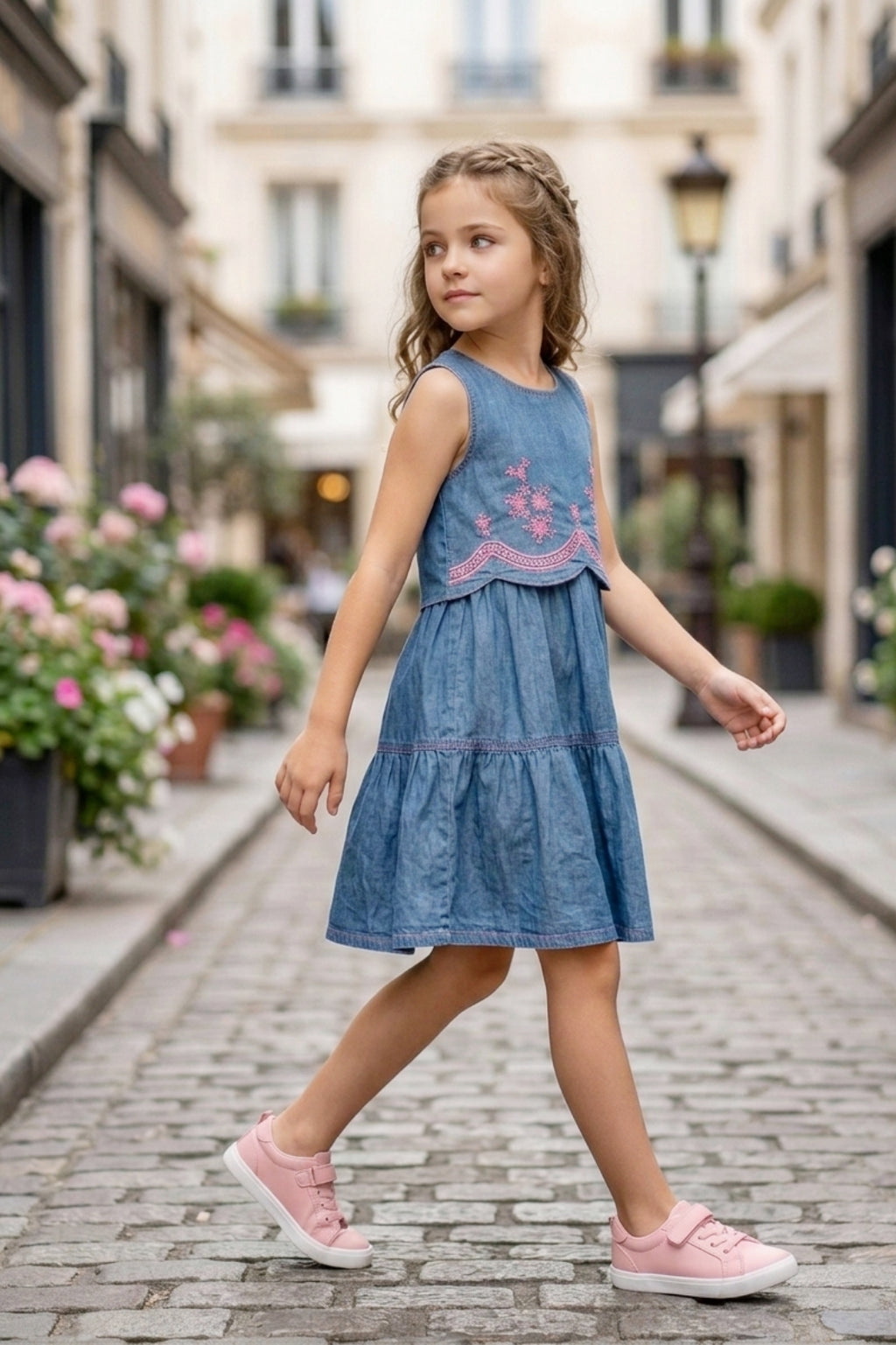 Blue Denim Frock with Pink Embroidery Design