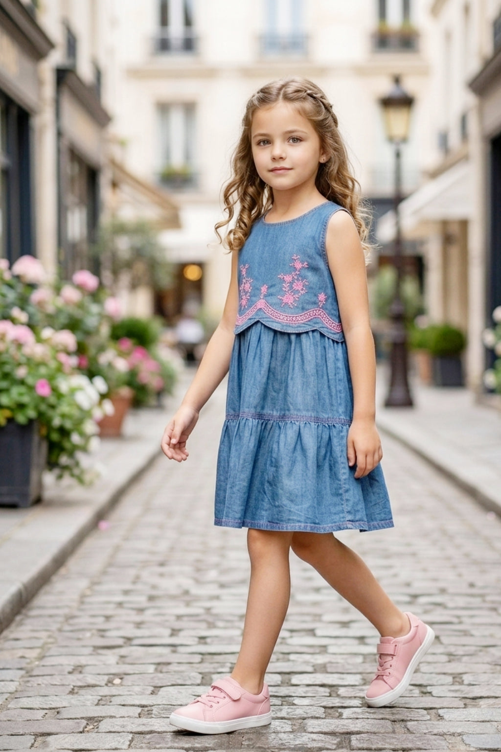 Blue Denim Frock with Pink Embroidery Design