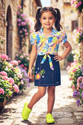 Girls Abstract Print & Embroidered Denim Dress 2-Piece Set