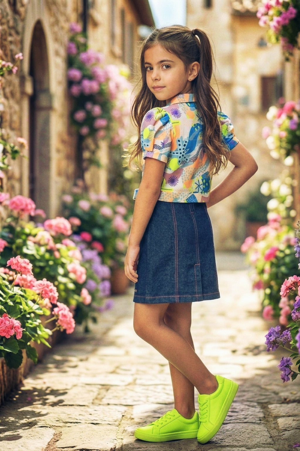 Girls Abstract Print & Embroidered Denim Dress 2-Piece Set