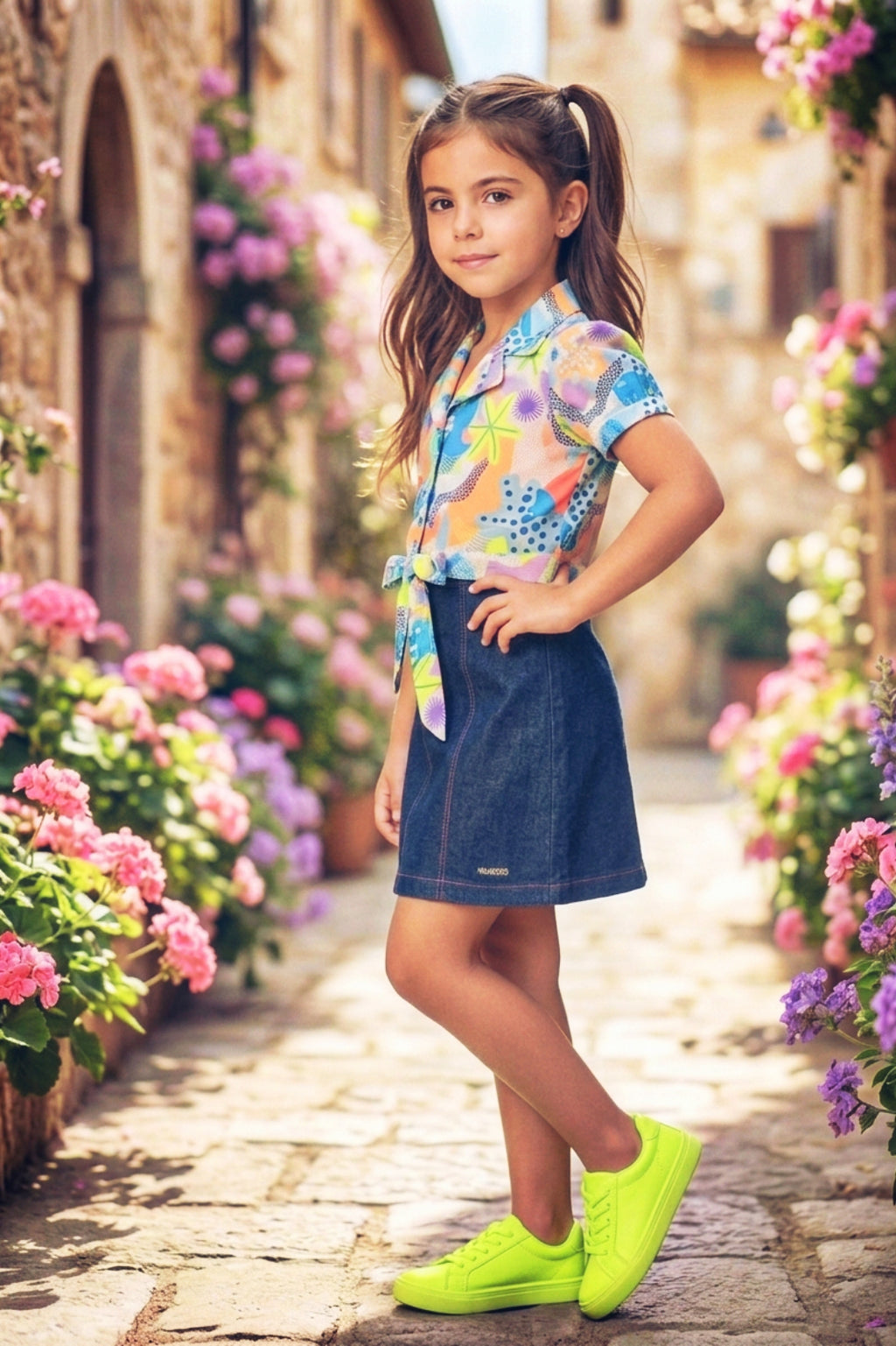 Girls Abstract Print & Embroidered Denim Dress 2-Piece Set