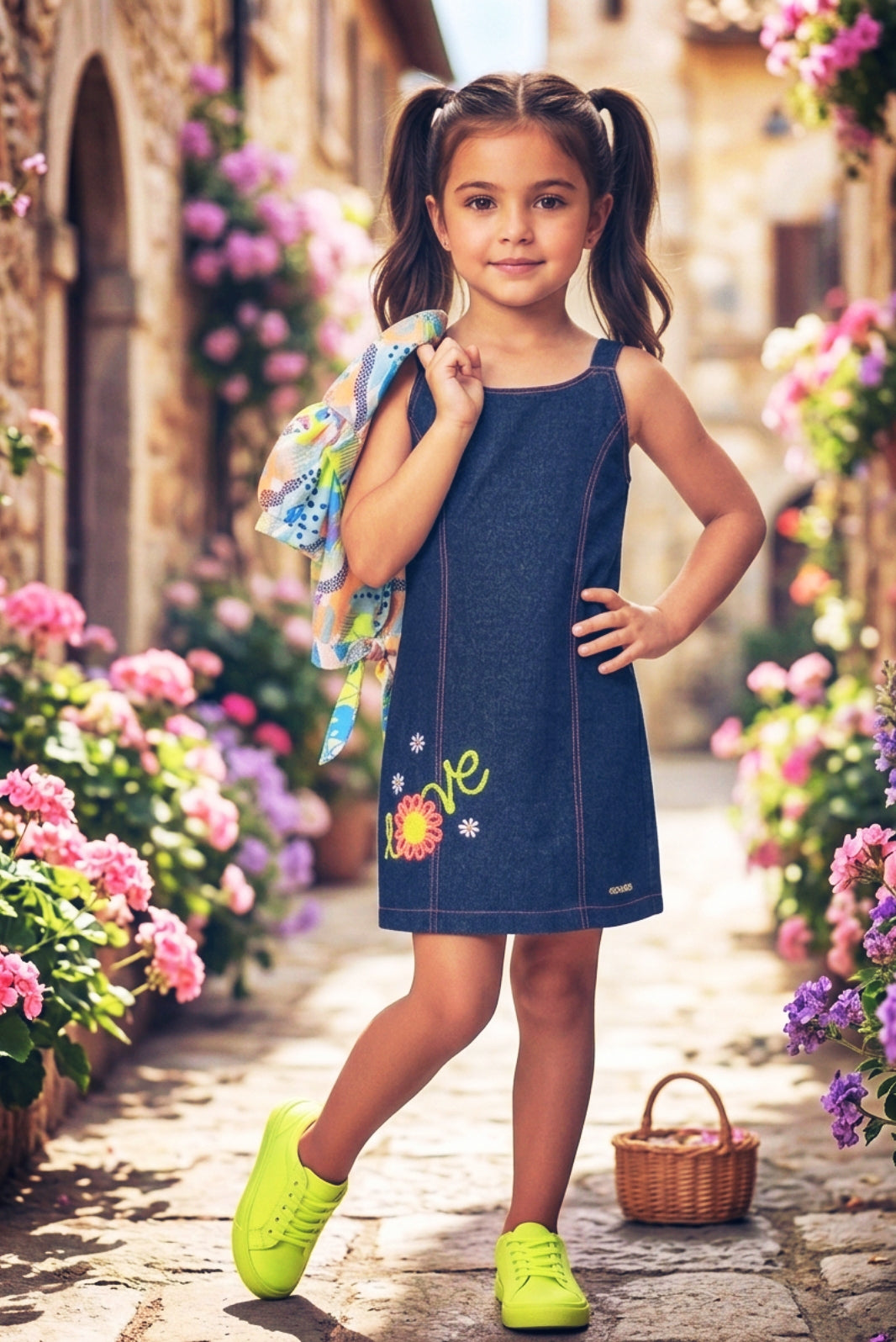 Girls Abstract Print & Embroidered Denim Dress 2-Piece Set