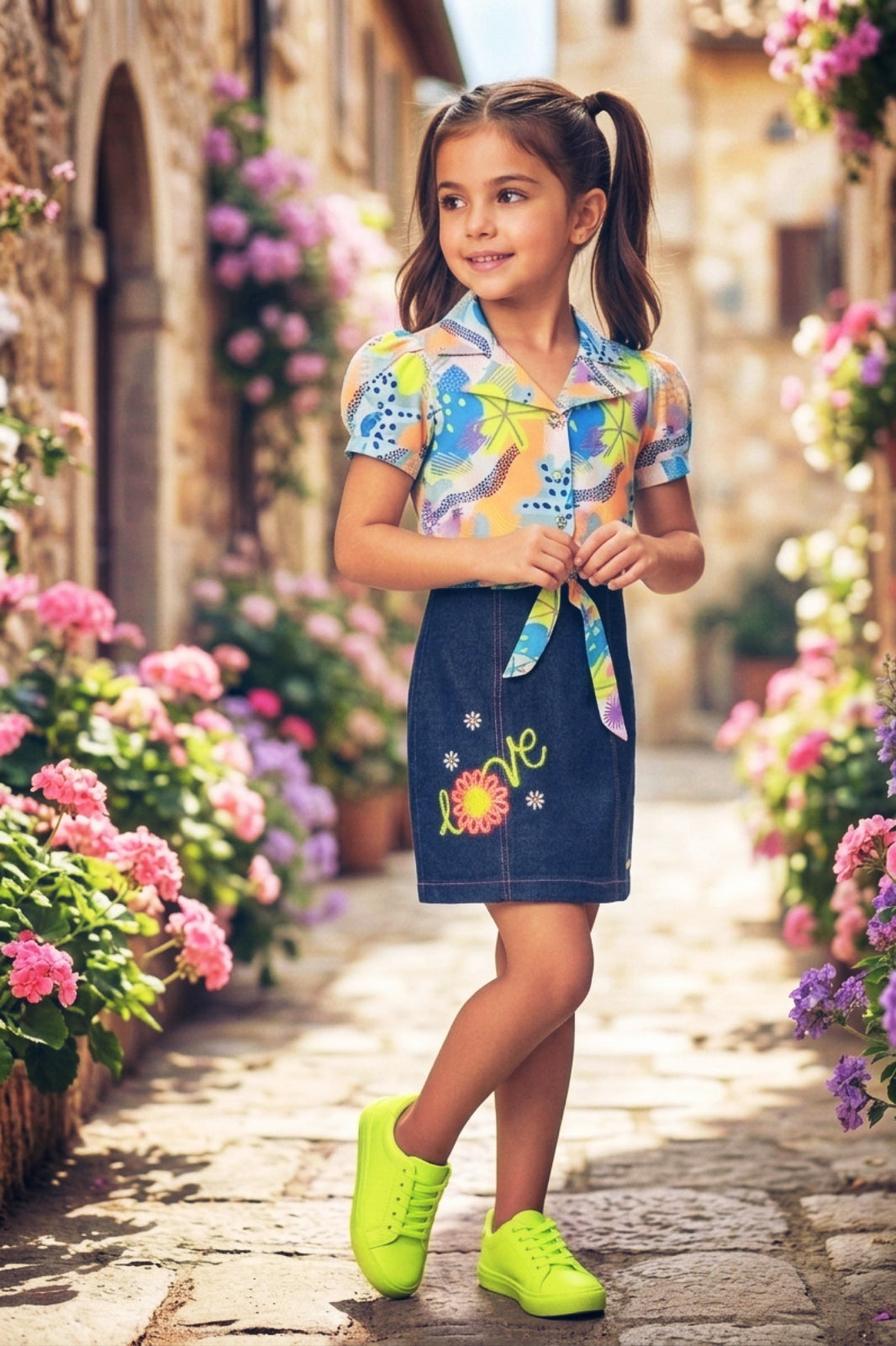 Girls Abstract Print & Embroidered Denim Dress 2-Piece Set