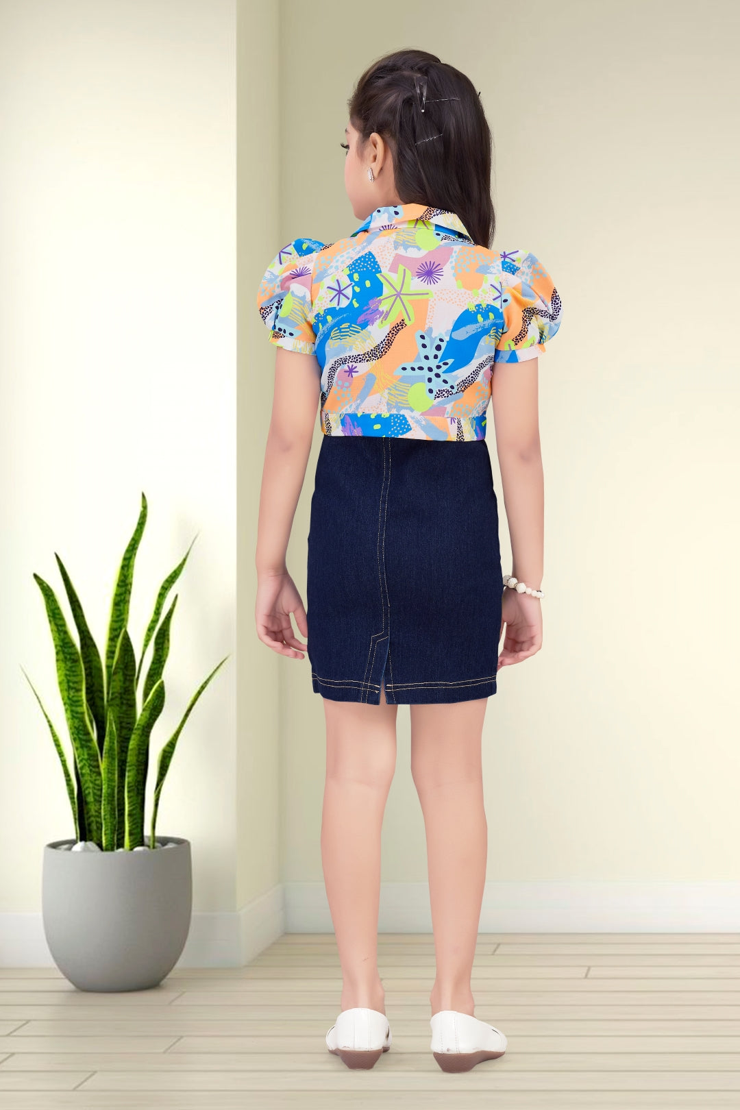 Girls Abstract Print & Embroidered Denim Dress 2-Piece Set