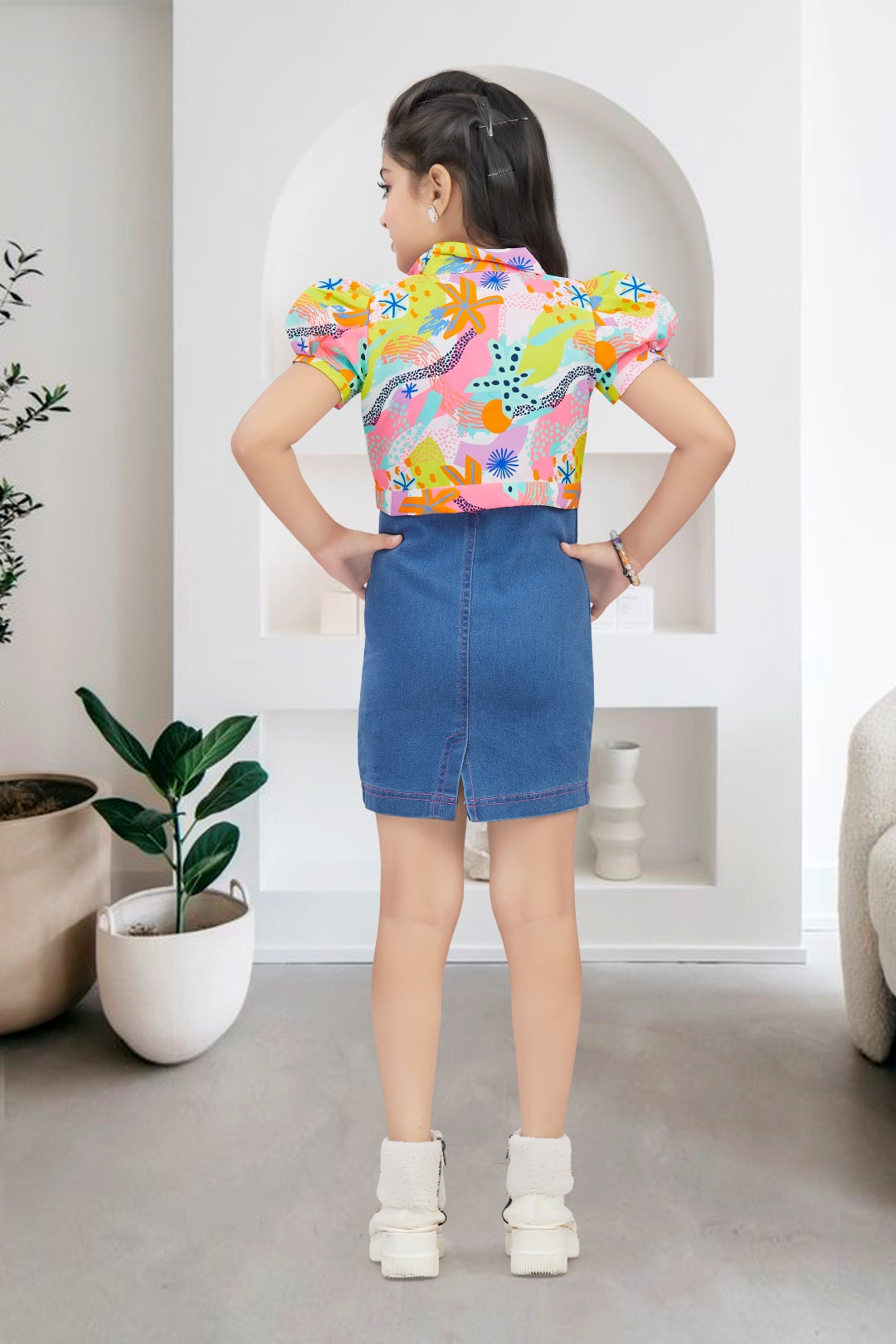 Girls Abstract Print & Embroidered Denim Dress 2-Piece Set