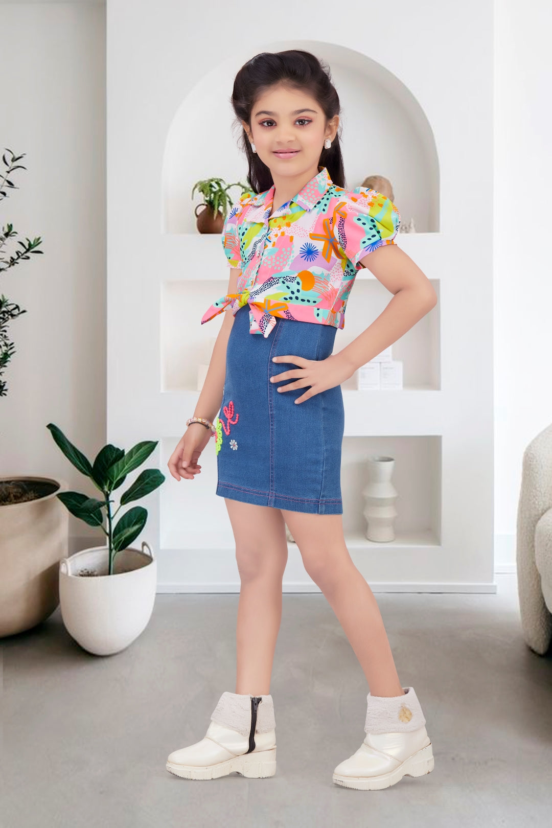 Girls Abstract Print & Embroidered Denim Dress 2-Piece Set