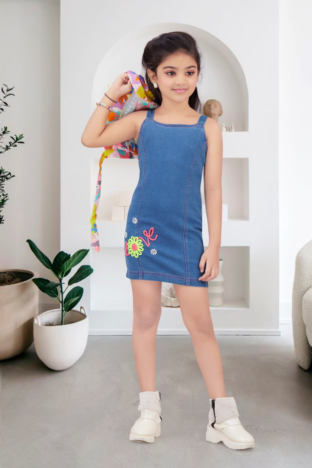 Girls Abstract Print & Embroidered Denim Dress 2-Piece Set