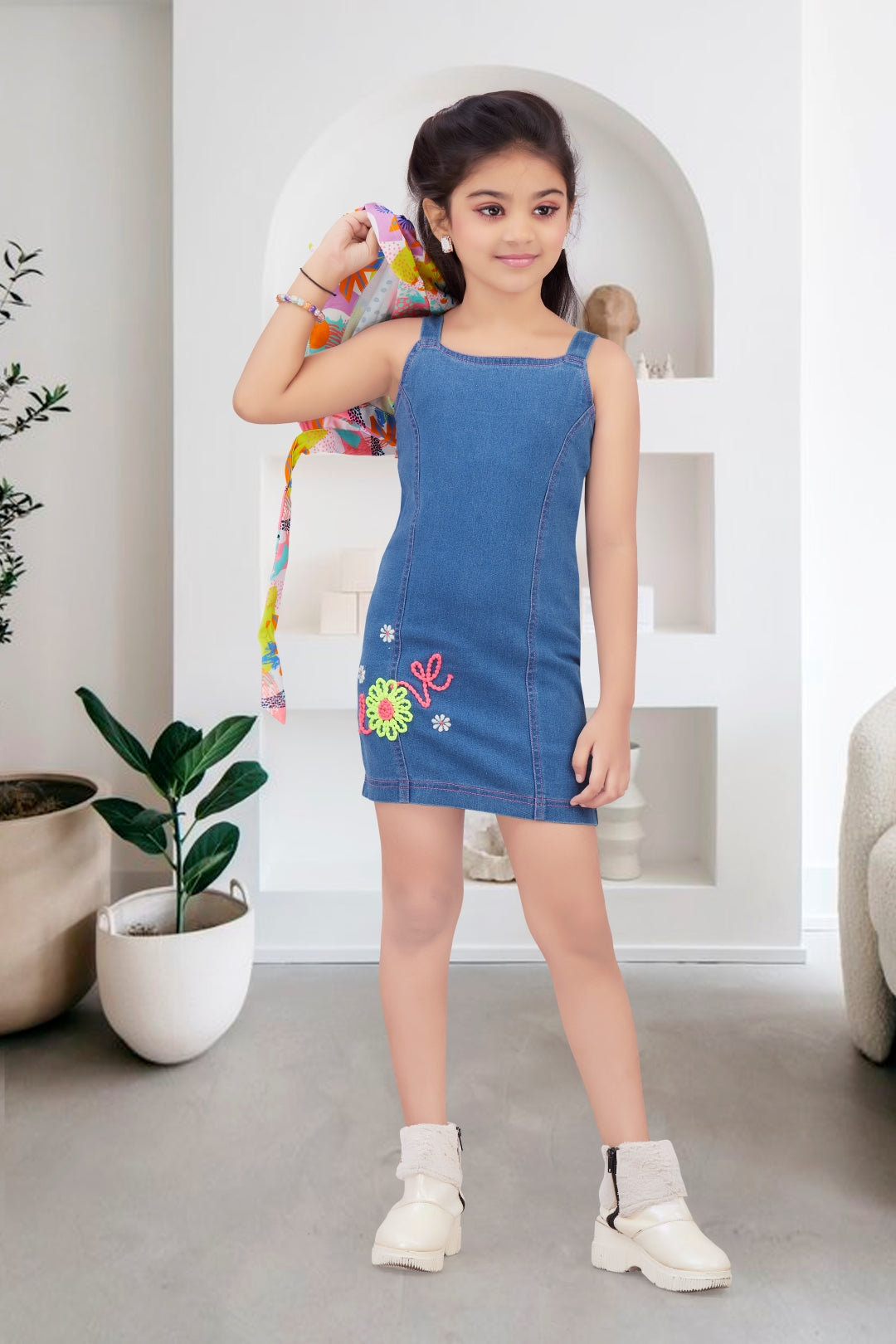 Girls Abstract Print & Embroidered Denim Dress 2-Piece Set
