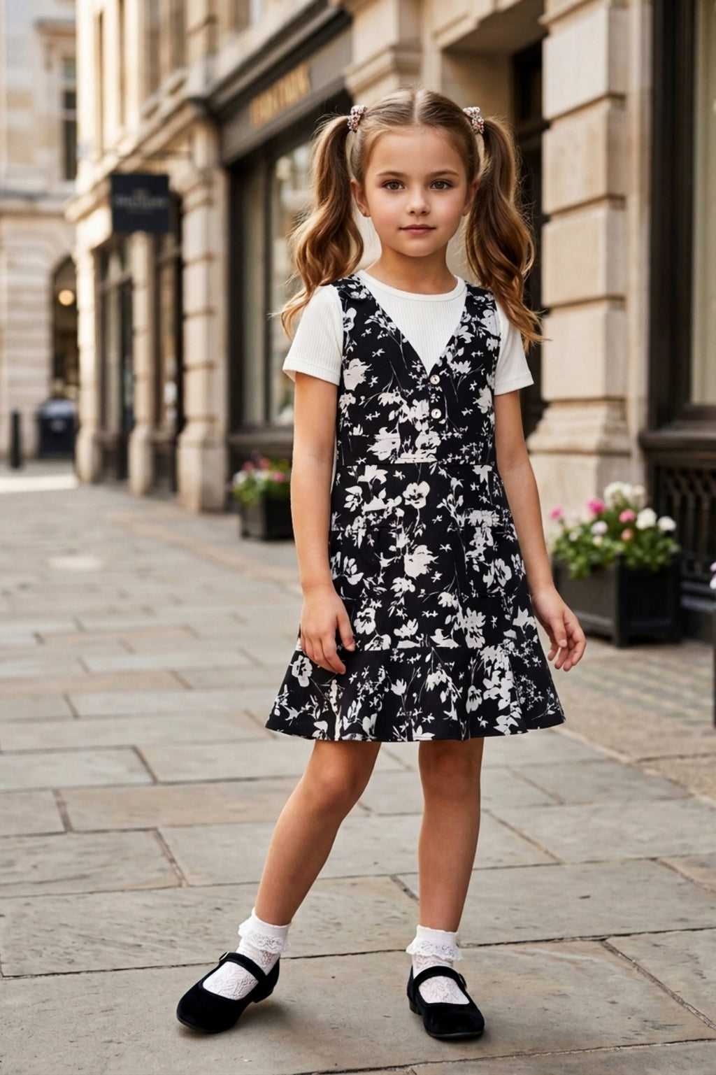 Girls Black 2-Piece Floral Frock Set with Inner Tee
