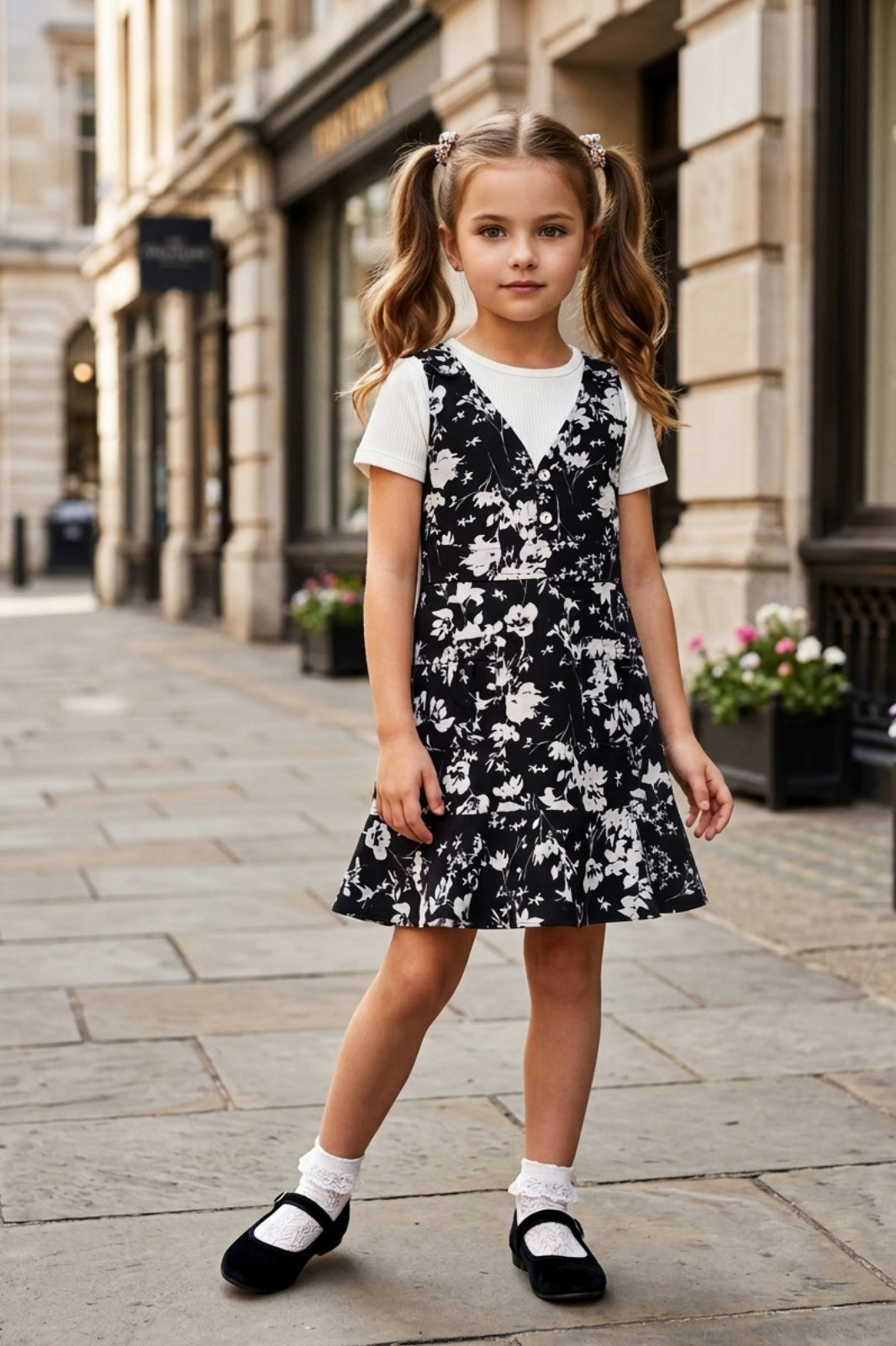 Girls Black 2-Piece Floral Frock Set with Inner Tee
