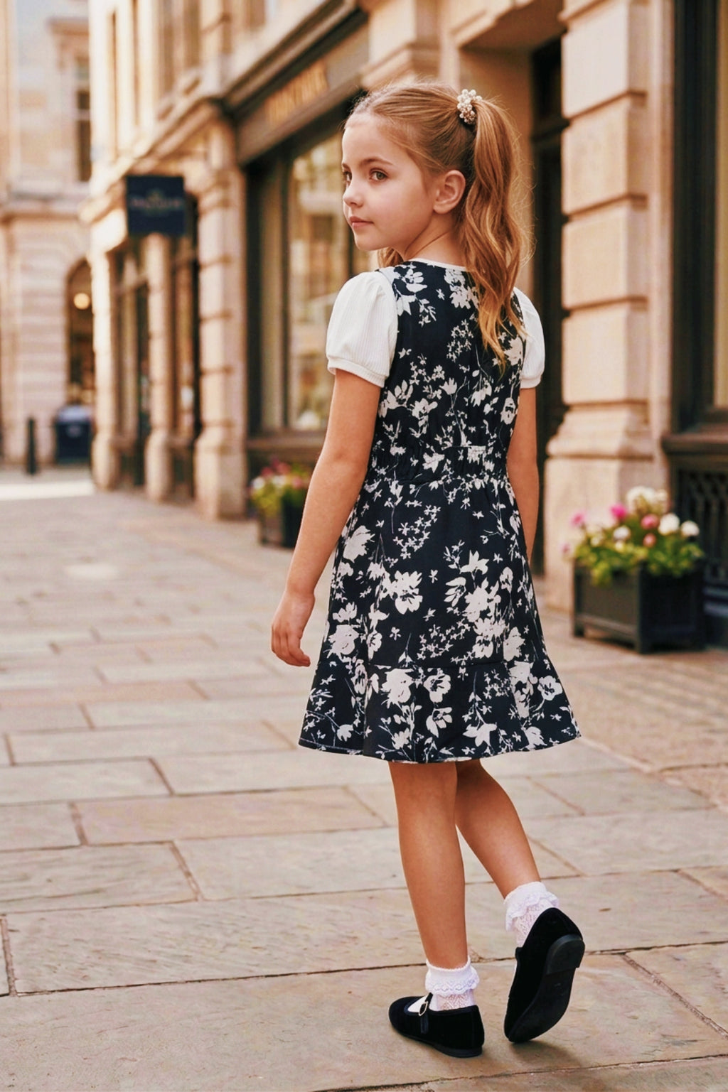 Girls Black 2-Piece Floral Frock Set with Inner Tee