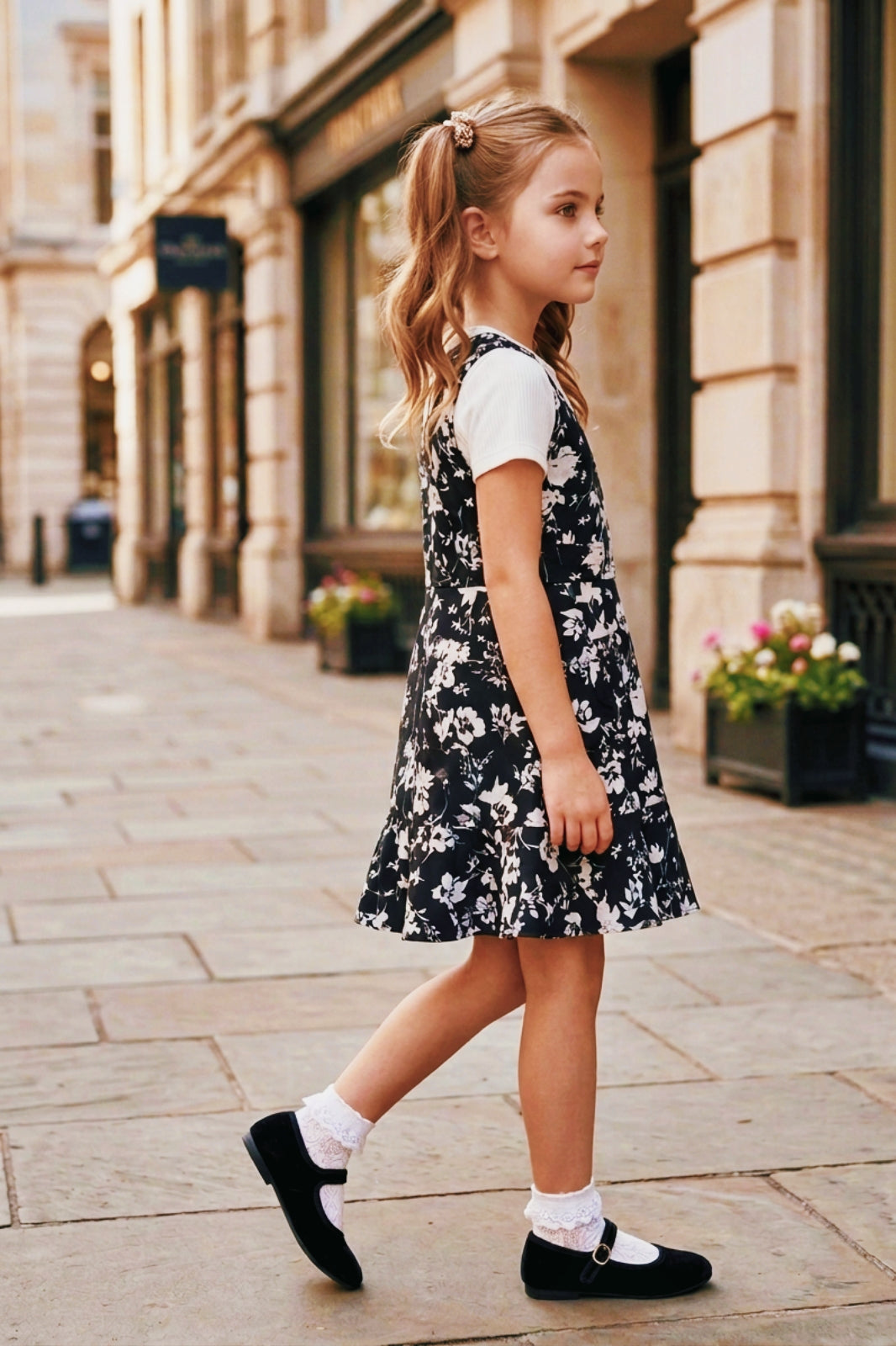 Girls Black 2-Piece Floral Frock Set with Inner Tee