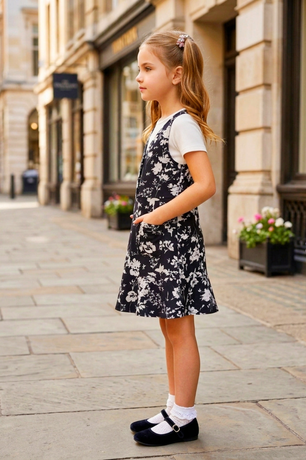 Girls Black 2-Piece Floral Frock Set with Inner Tee
