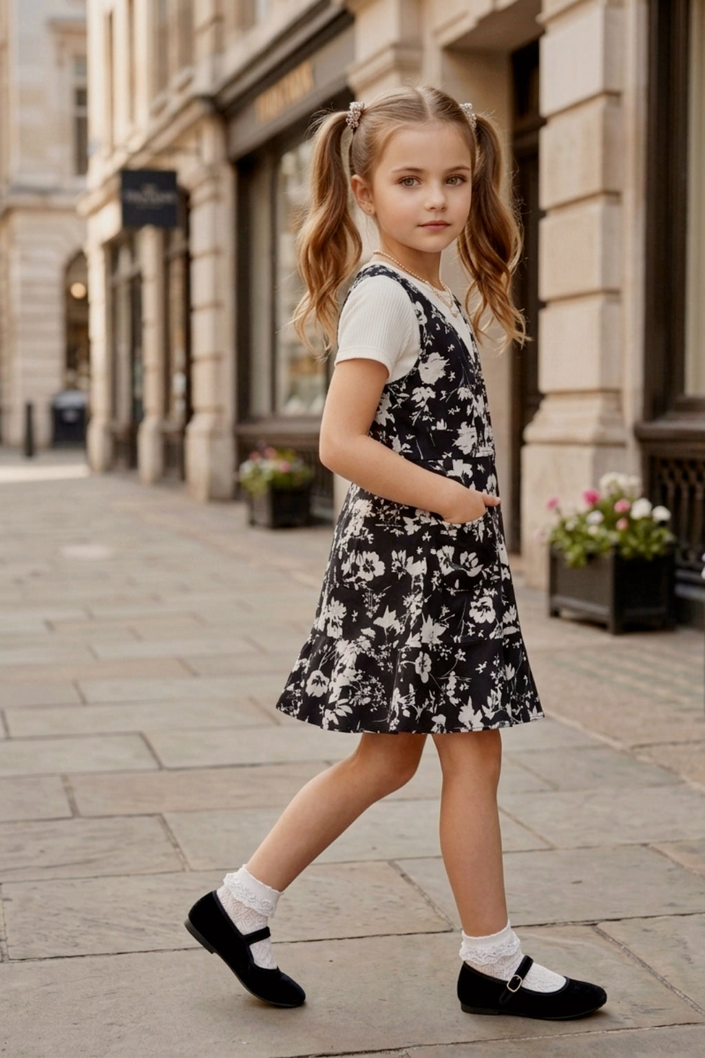 Girls Black 2-Piece Floral Frock Set with Inner Tee