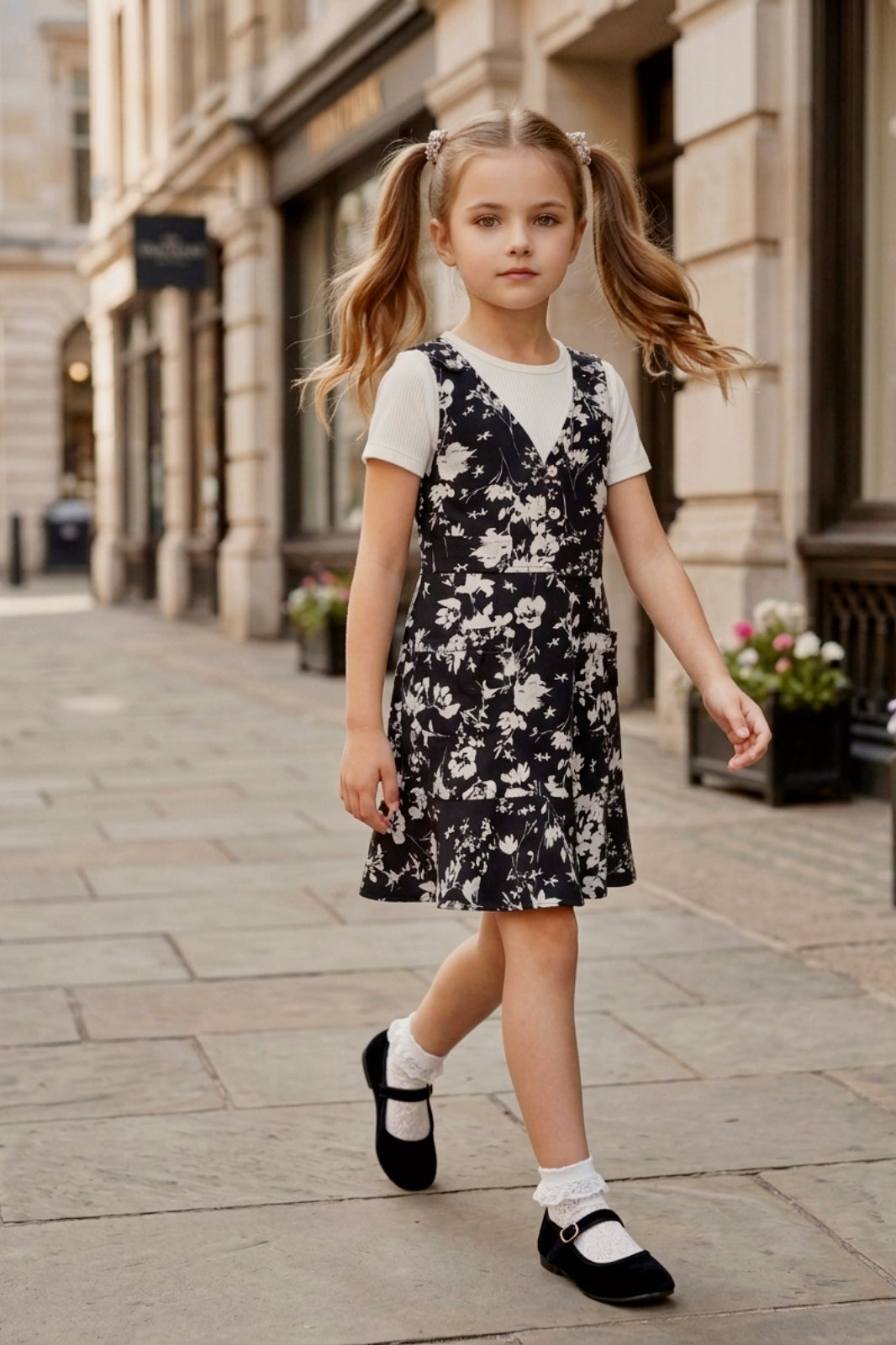 Girls Black 2-Piece Floral Frock Set with Inner Tee