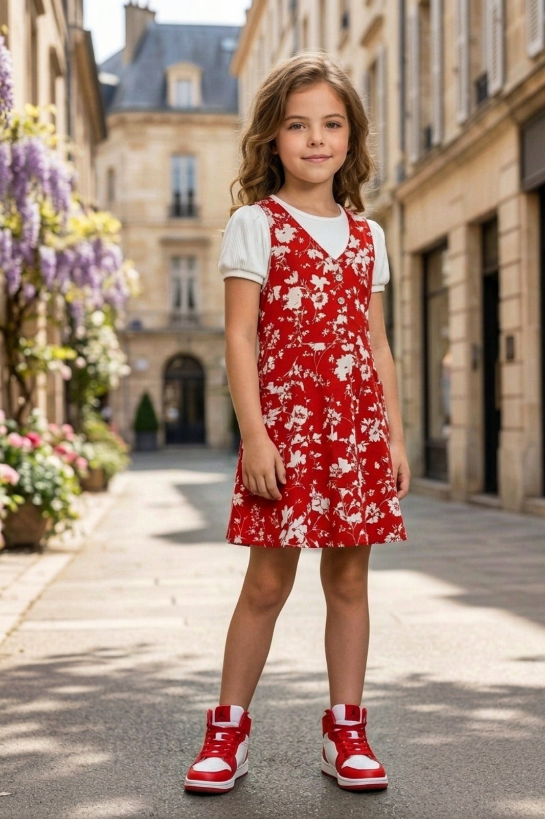 Girls Red 2-Piece Floral Frock Set with Inner Tee