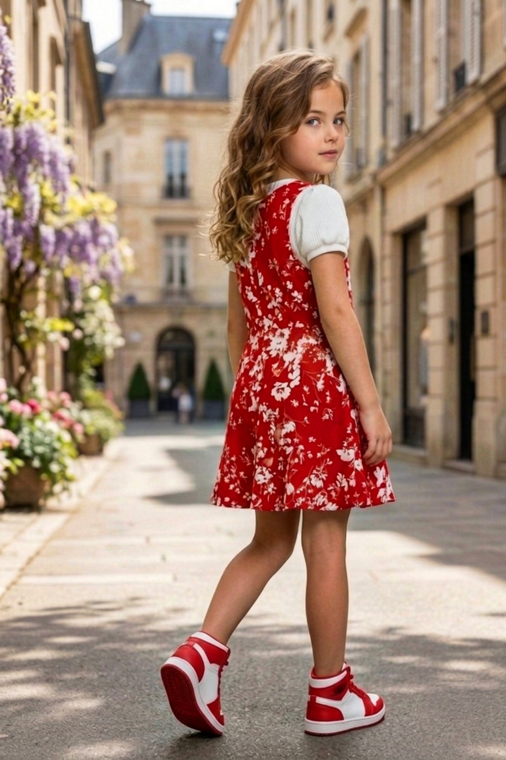 Girls Red 2-Piece Floral Frock Set with Inner Tee