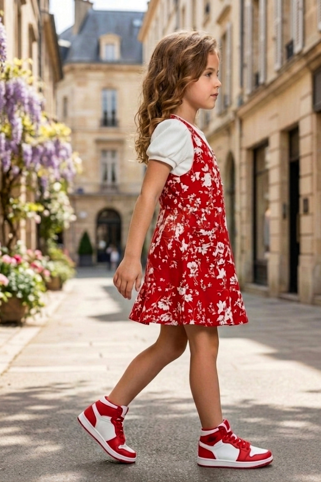 Girls Red 2-Piece Floral Frock Set with Inner Tee
