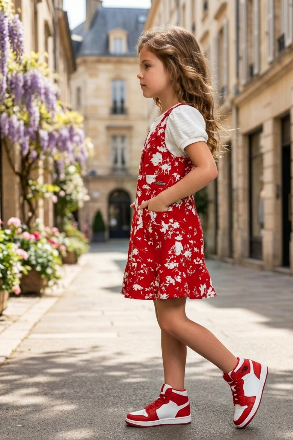 Girls Red 2-Piece Floral Frock Set with Inner Tee