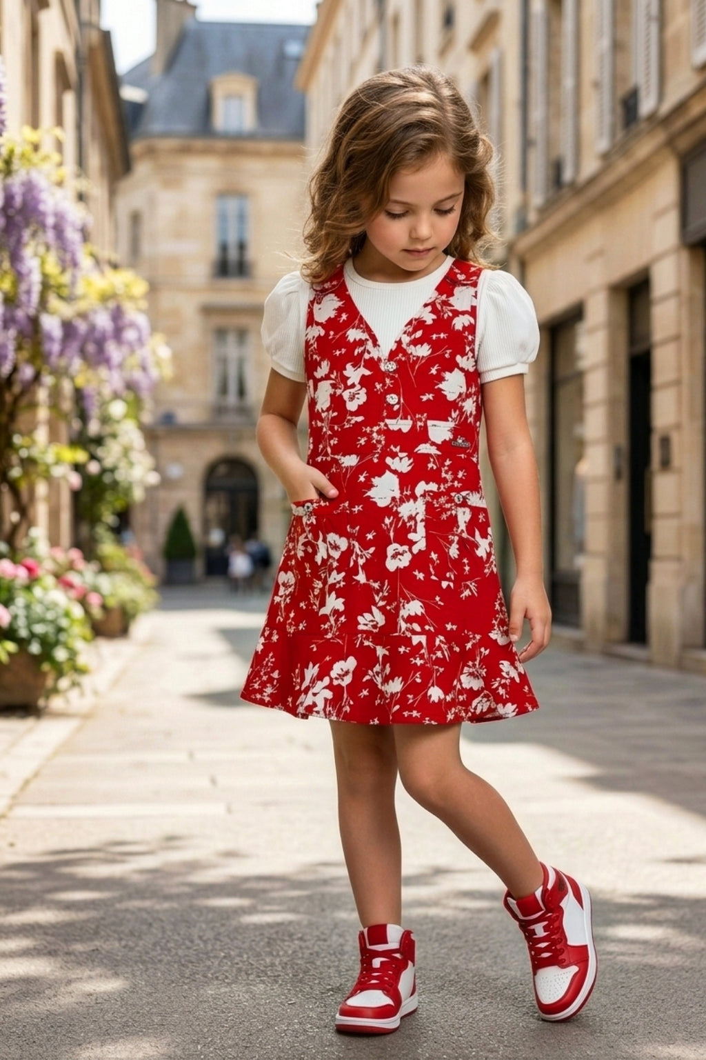 Girls Red 2-Piece Floral Frock Set with Inner Tee