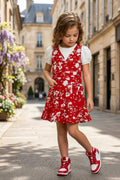 Girls Red 2-Piece Floral Frock Set with Inner Tee