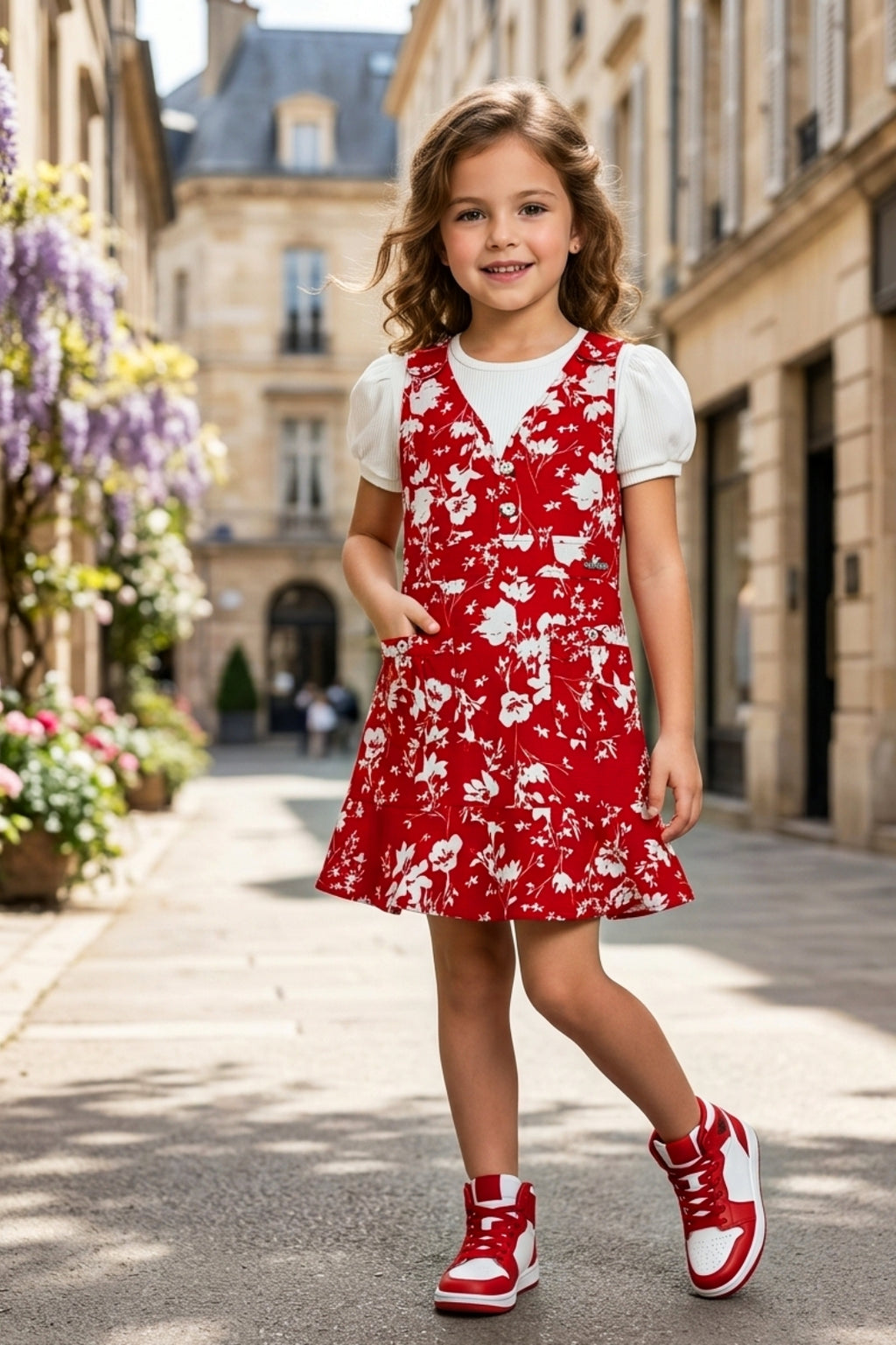 Girls Red 2-Piece Floral Frock Set with Inner Tee
