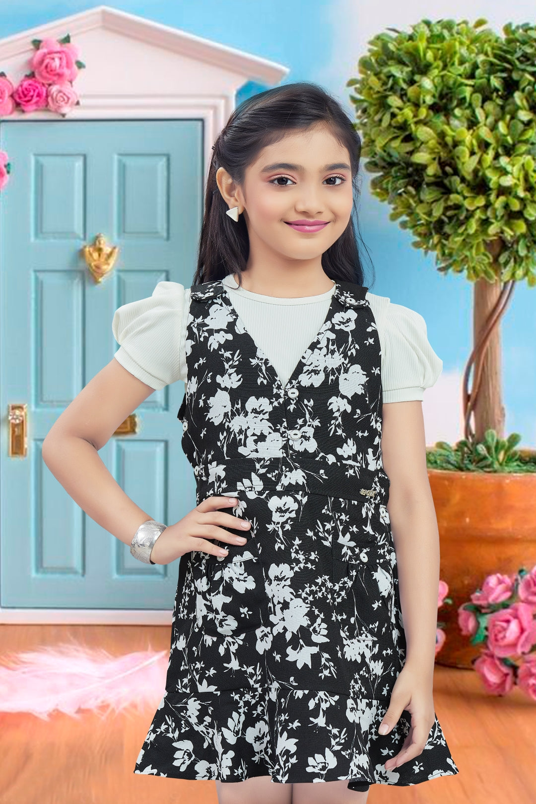 Girls Black 2-Piece Floral Frock Set with Inner Tee
