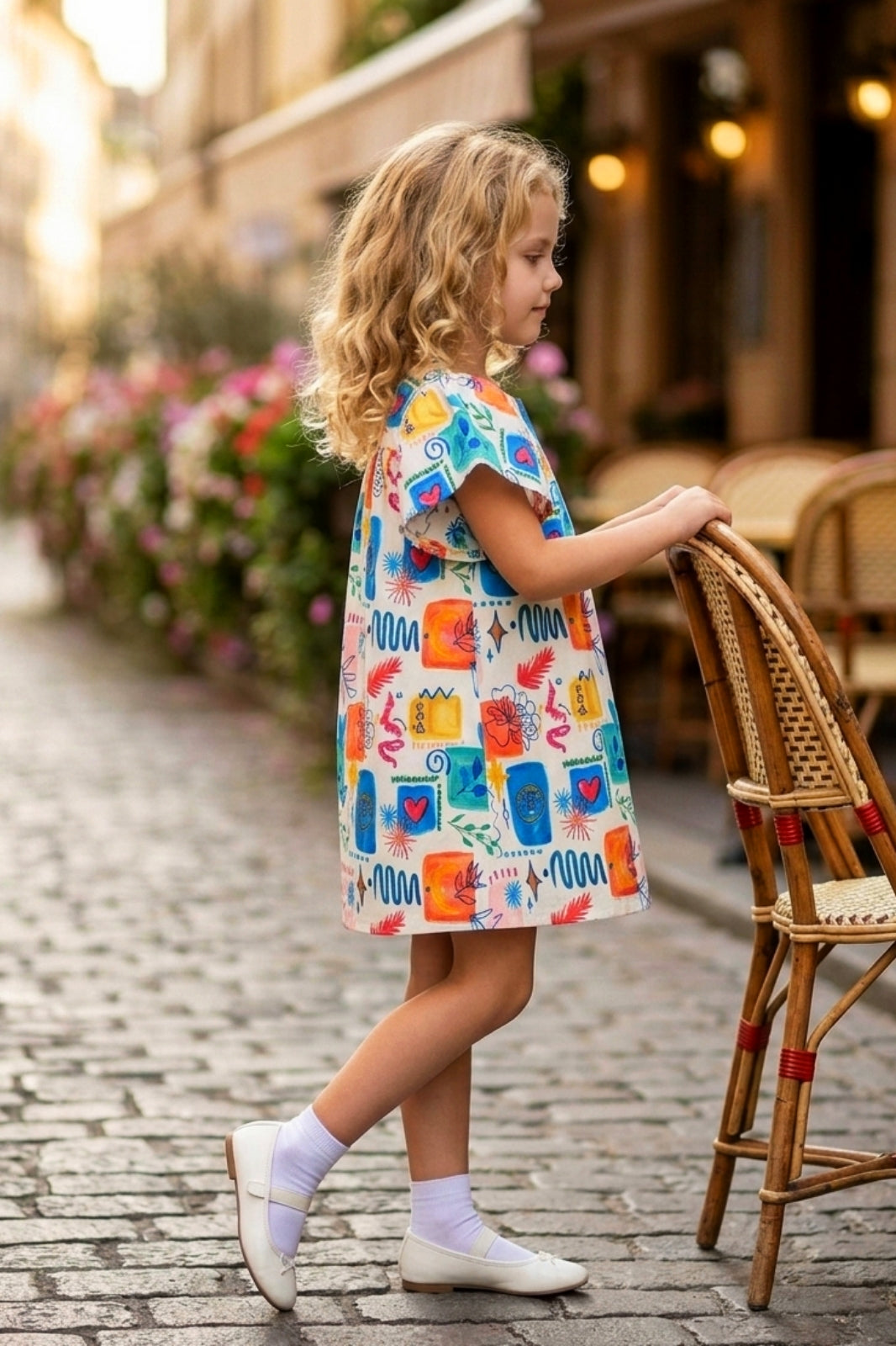 Girls Blue Vibrant Multi-Color Doodle Print Frock (Ages 1-9)