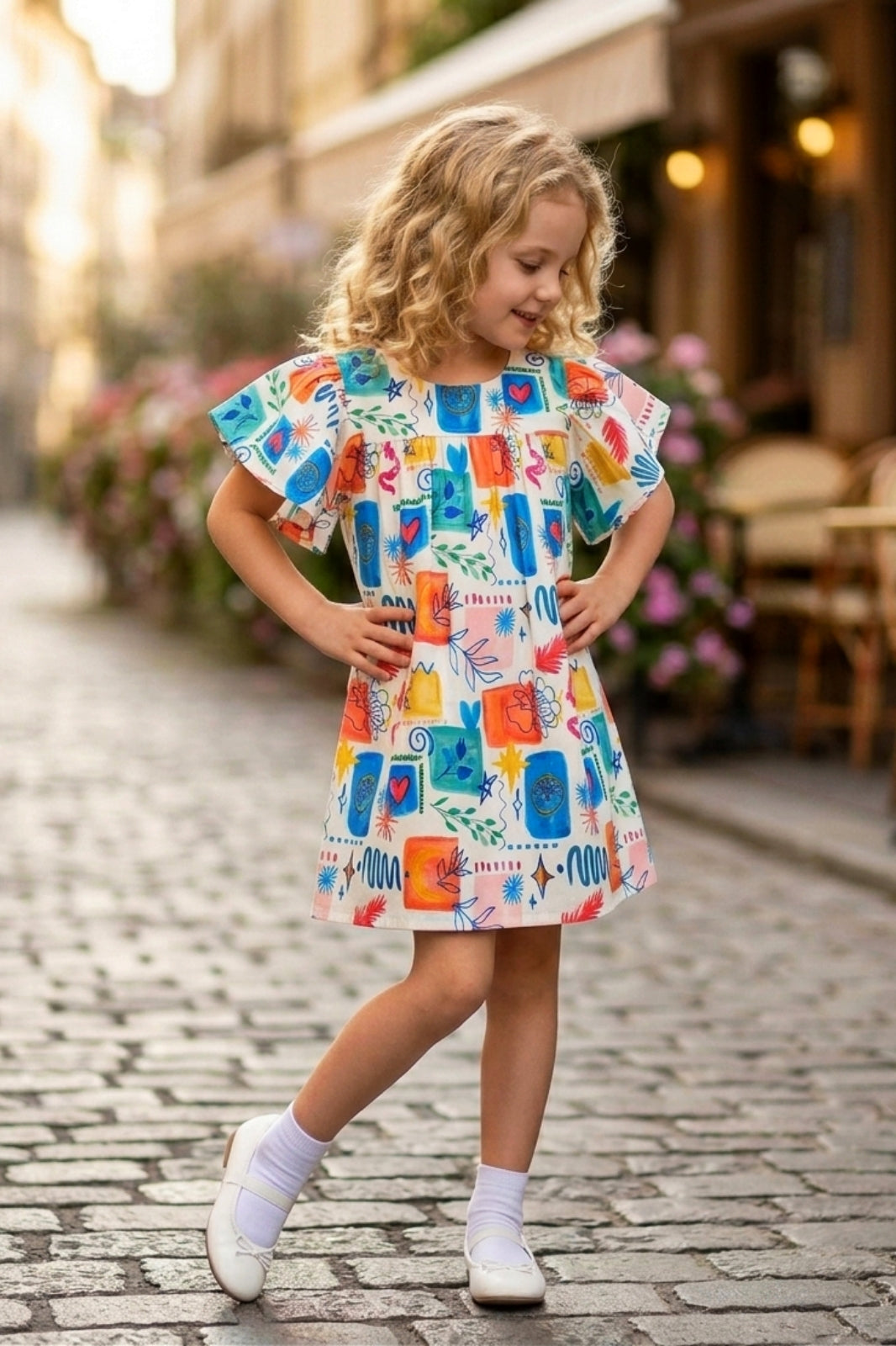 Girls Blue Vibrant Multi-Color Doodle Print Frock (Ages 1-9)
