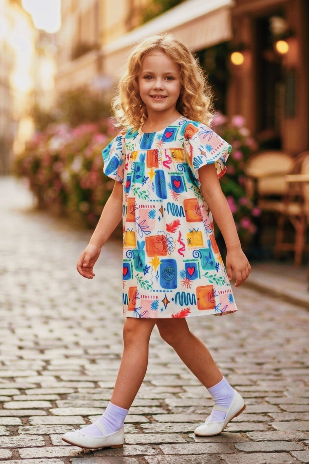 Girls Blue Vibrant Multi-Color Doodle Print Frock (Ages 1-9)
