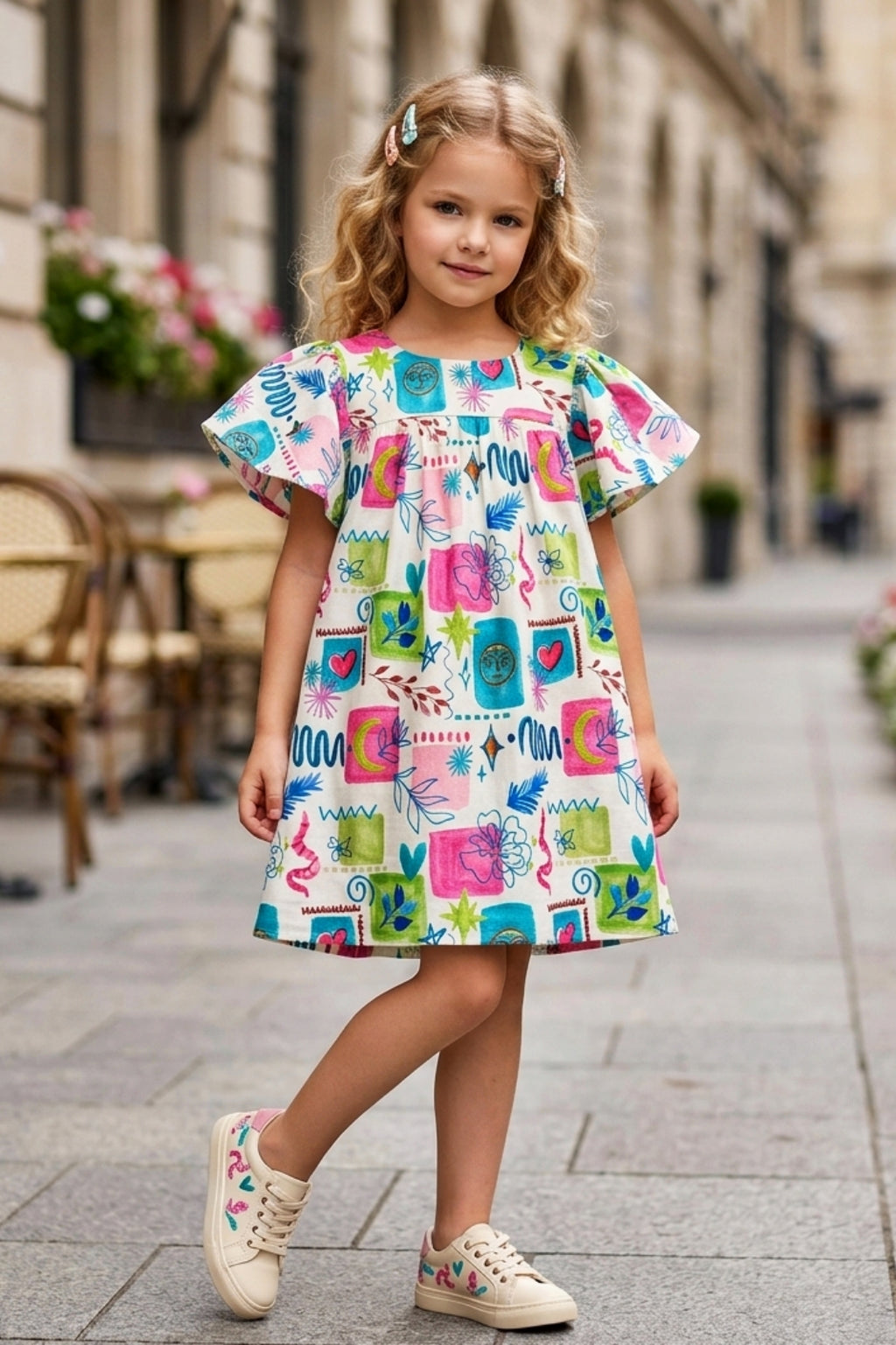 Girls Pink Vibrant Multi-Color Doodle Print Frock (Ages 1-9)