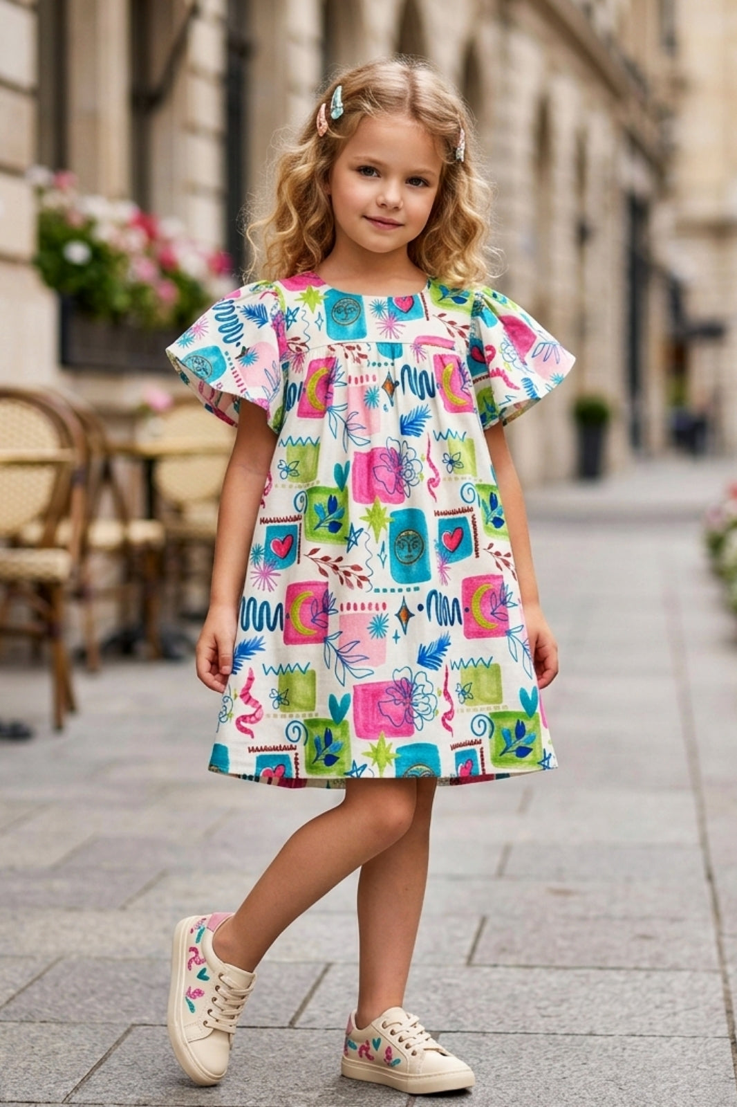 Girls Pink Vibrant Multi-Color Doodle Print Frock (Ages 1-9)