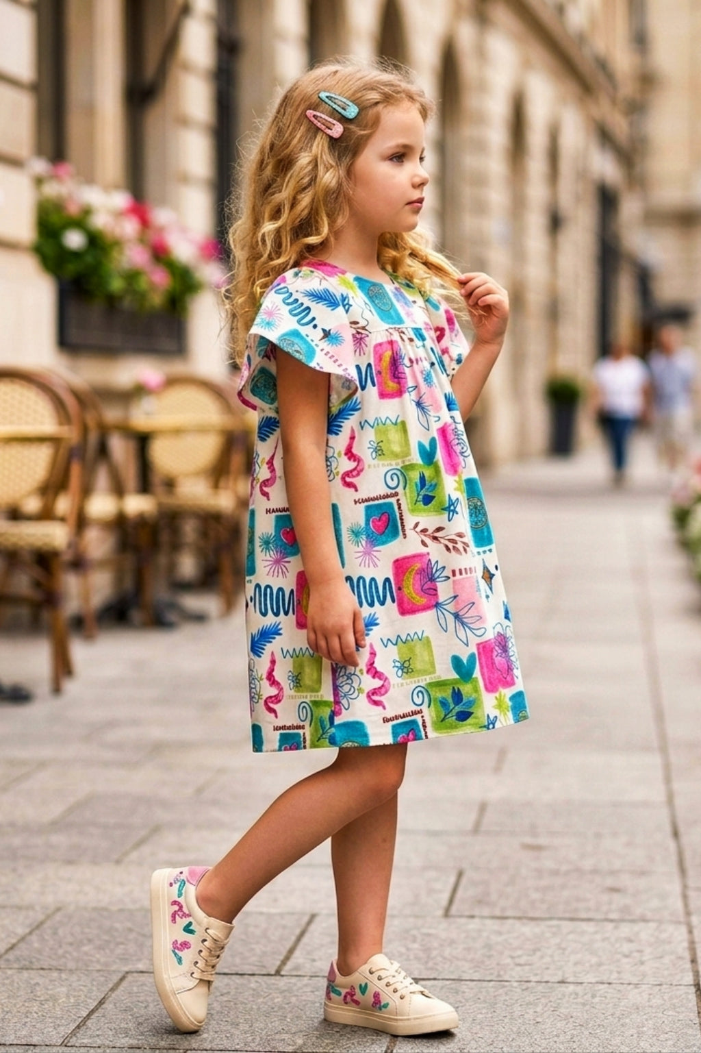 Girls Pink Vibrant Multi-Color Doodle Print Frock (Ages 1-9)