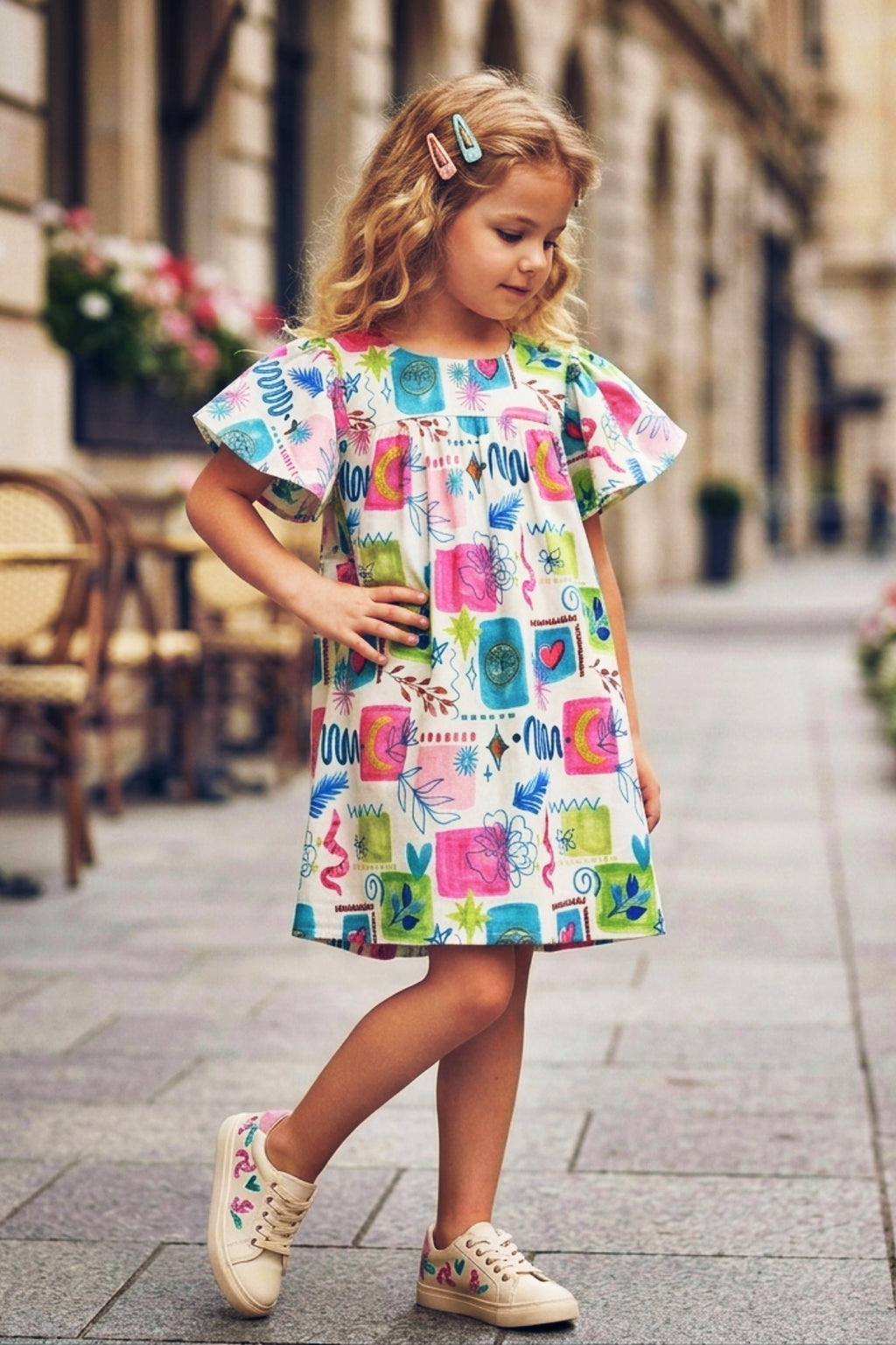 Girls Pink Vibrant Multi-Color Doodle Print Frock (Ages 1-9)