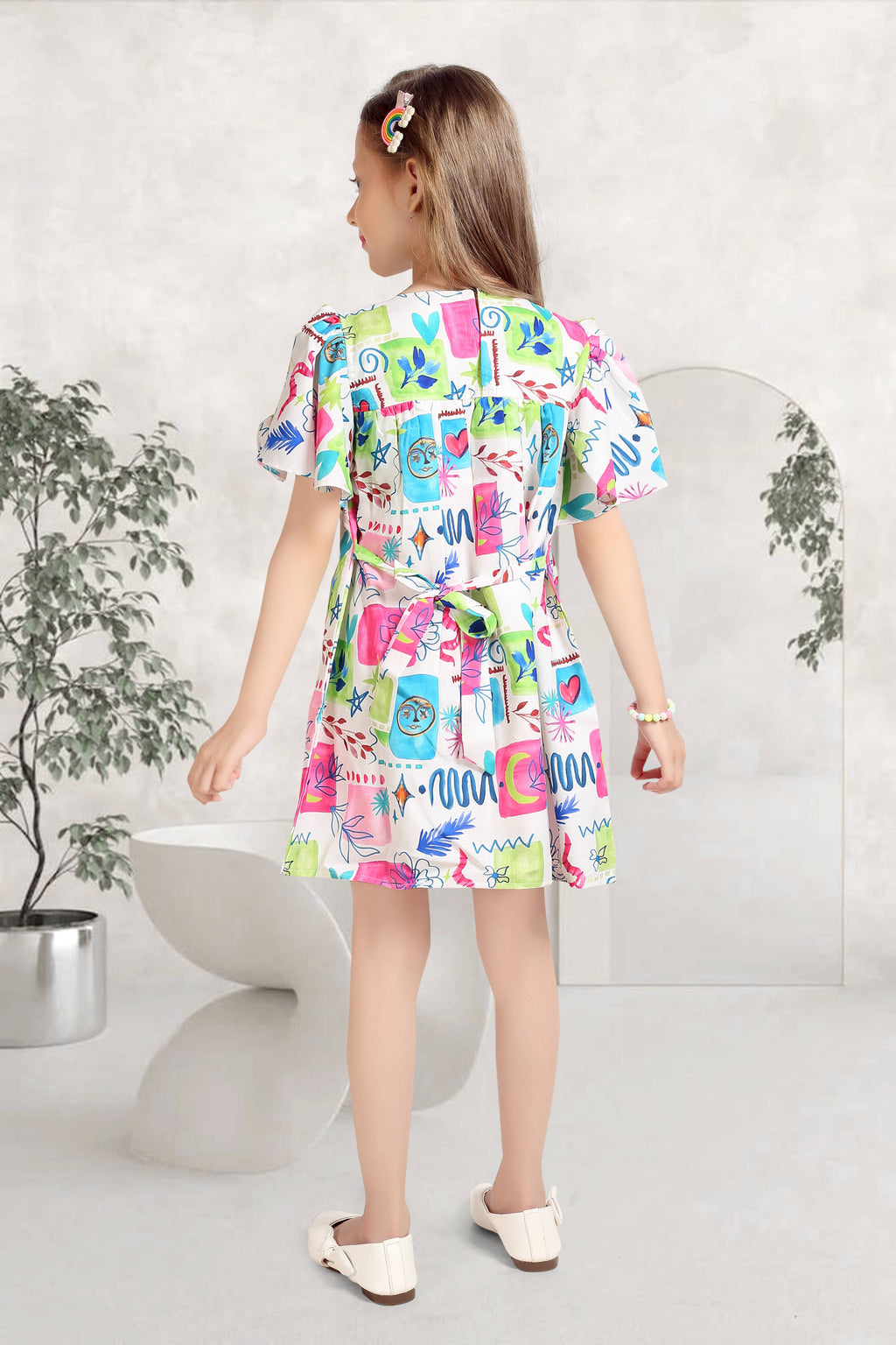 Girls Pink Vibrant Multi-Color Doodle Print Frock (Ages 1-9)