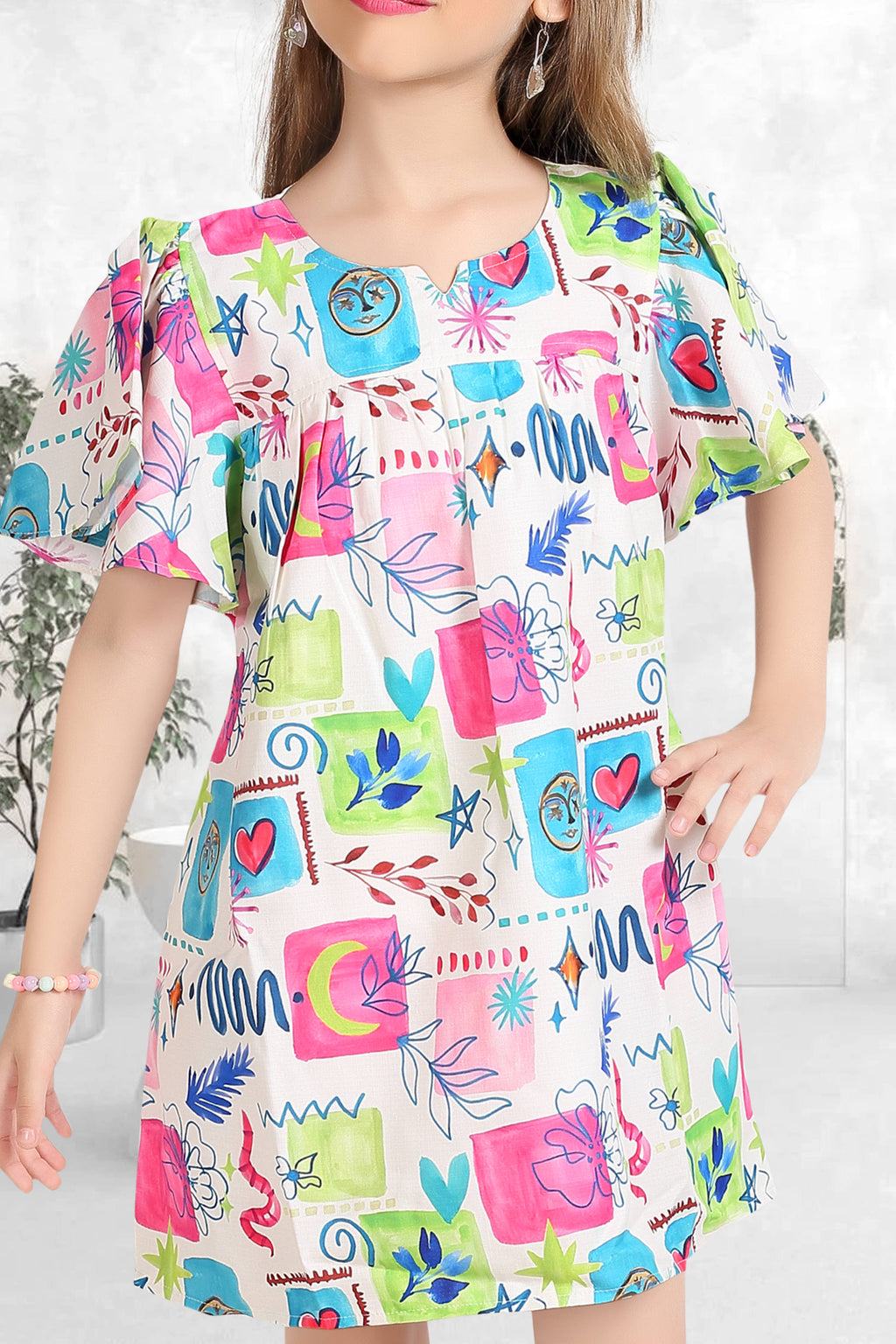 Girls Pink Vibrant Multi-Color Doodle Print Frock (Ages 1-9)