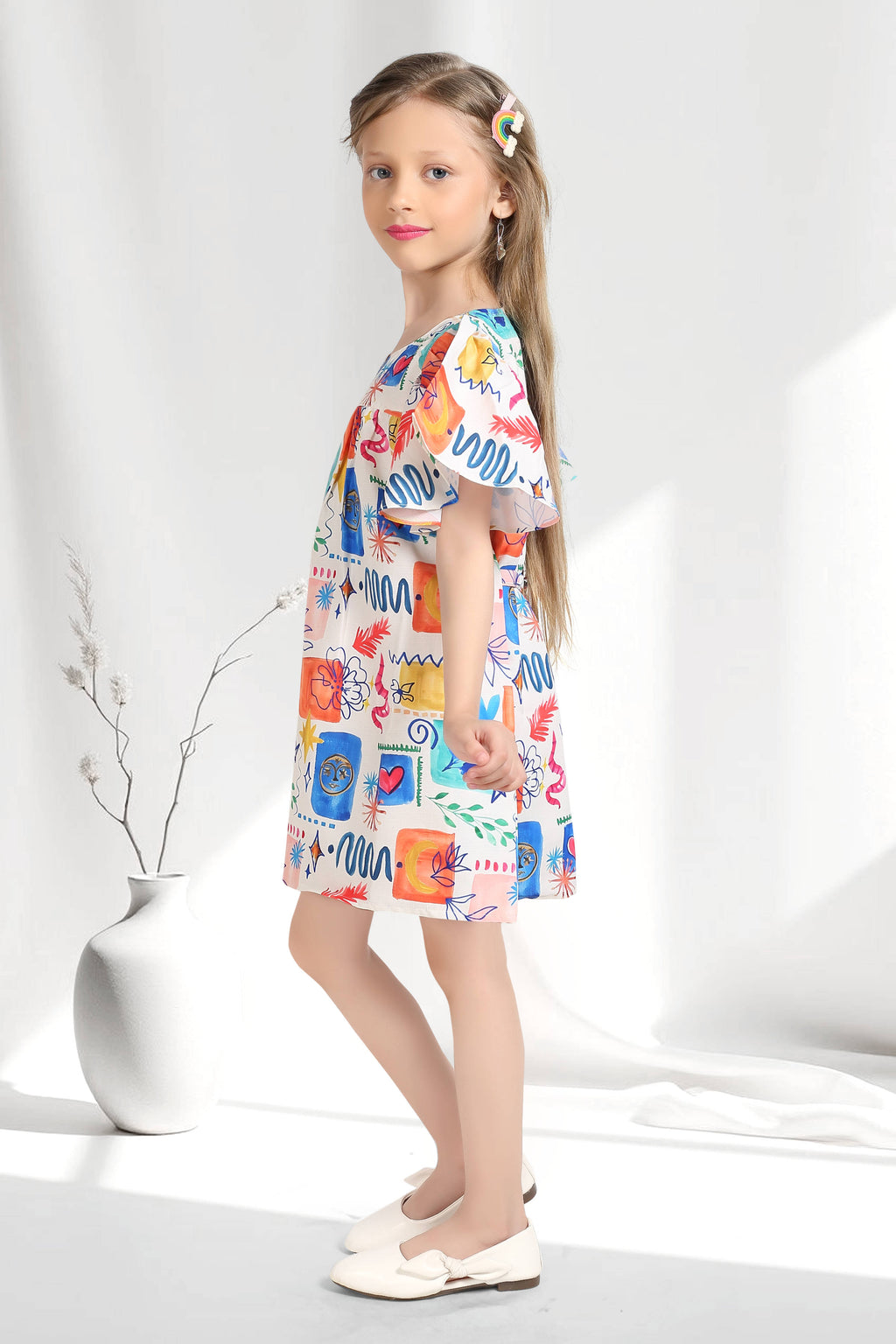 Girls Blue Vibrant Multi-Color Doodle Print Frock (Ages 1-9)