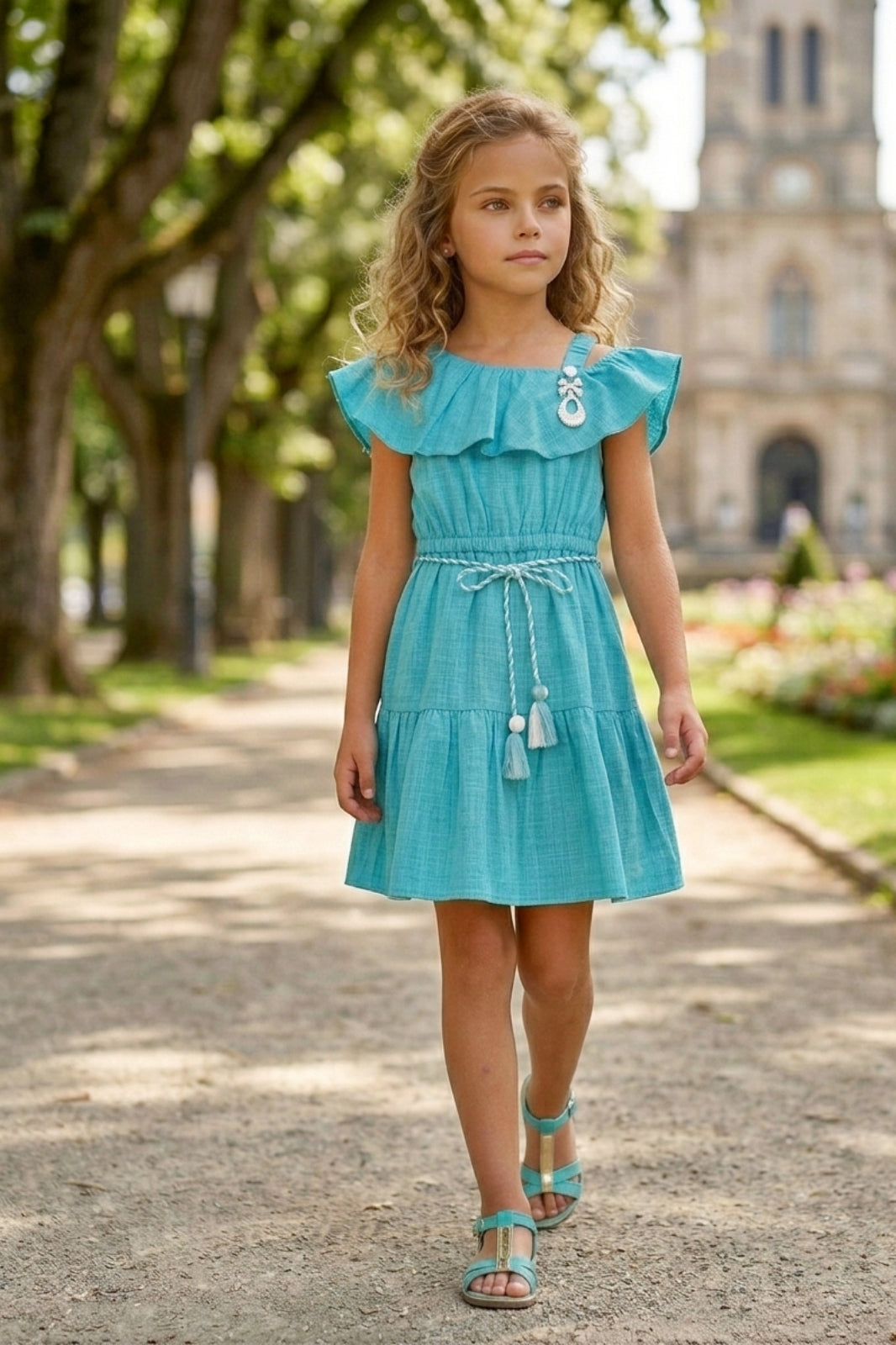 Girls Blue Off-Shoulder Ruffle Dress with Belt