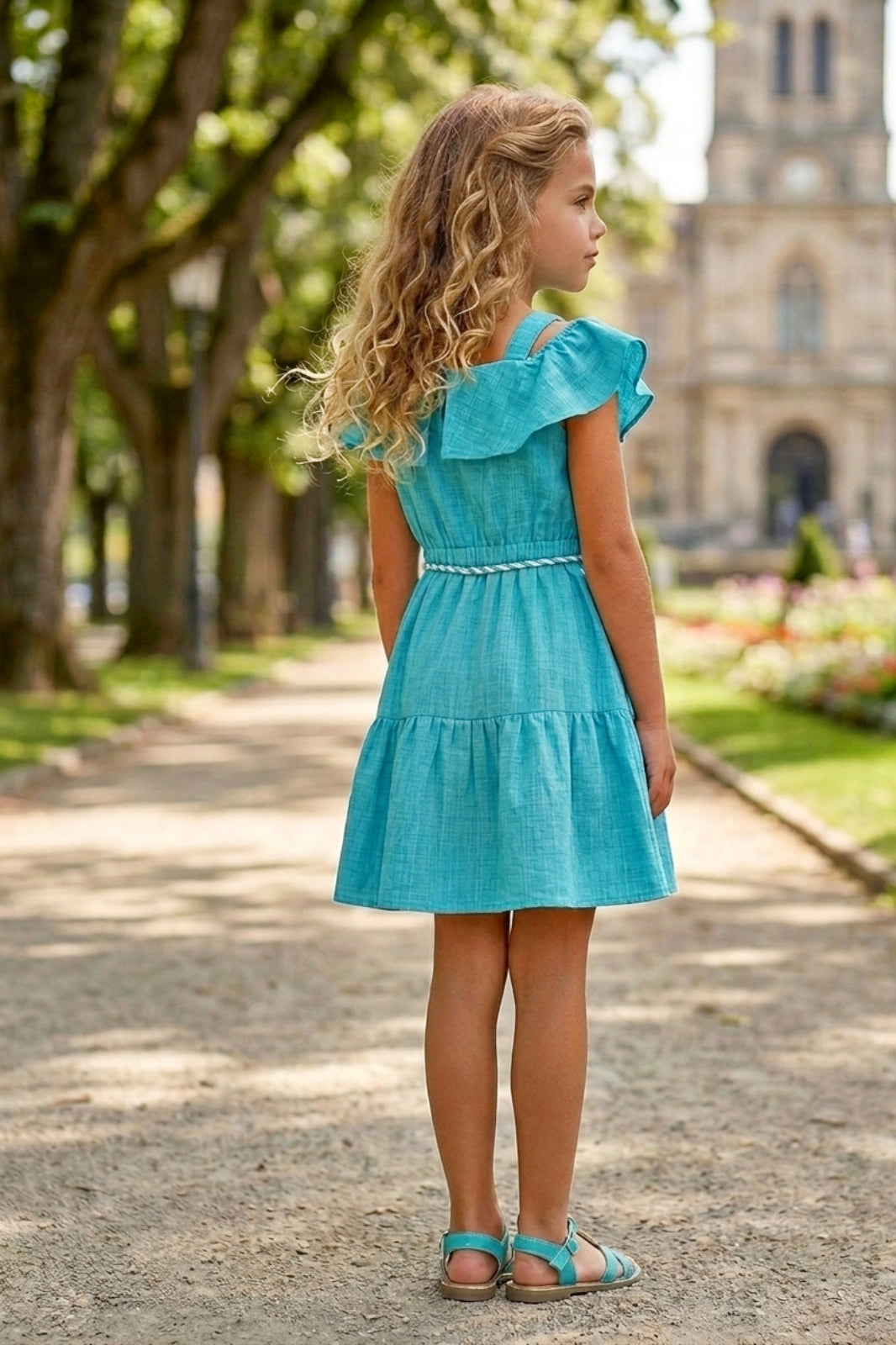 Girls Blue Off-Shoulder Ruffle Dress with Belt