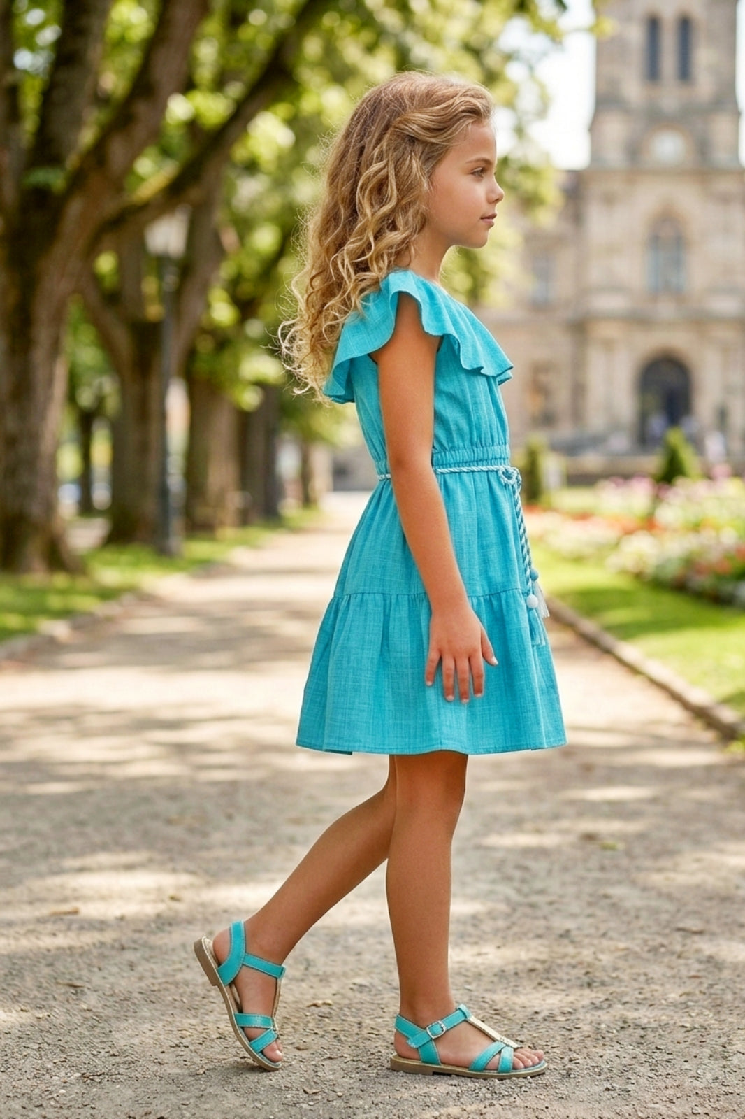 Girls Blue Off-Shoulder Ruffle Dress with Belt
