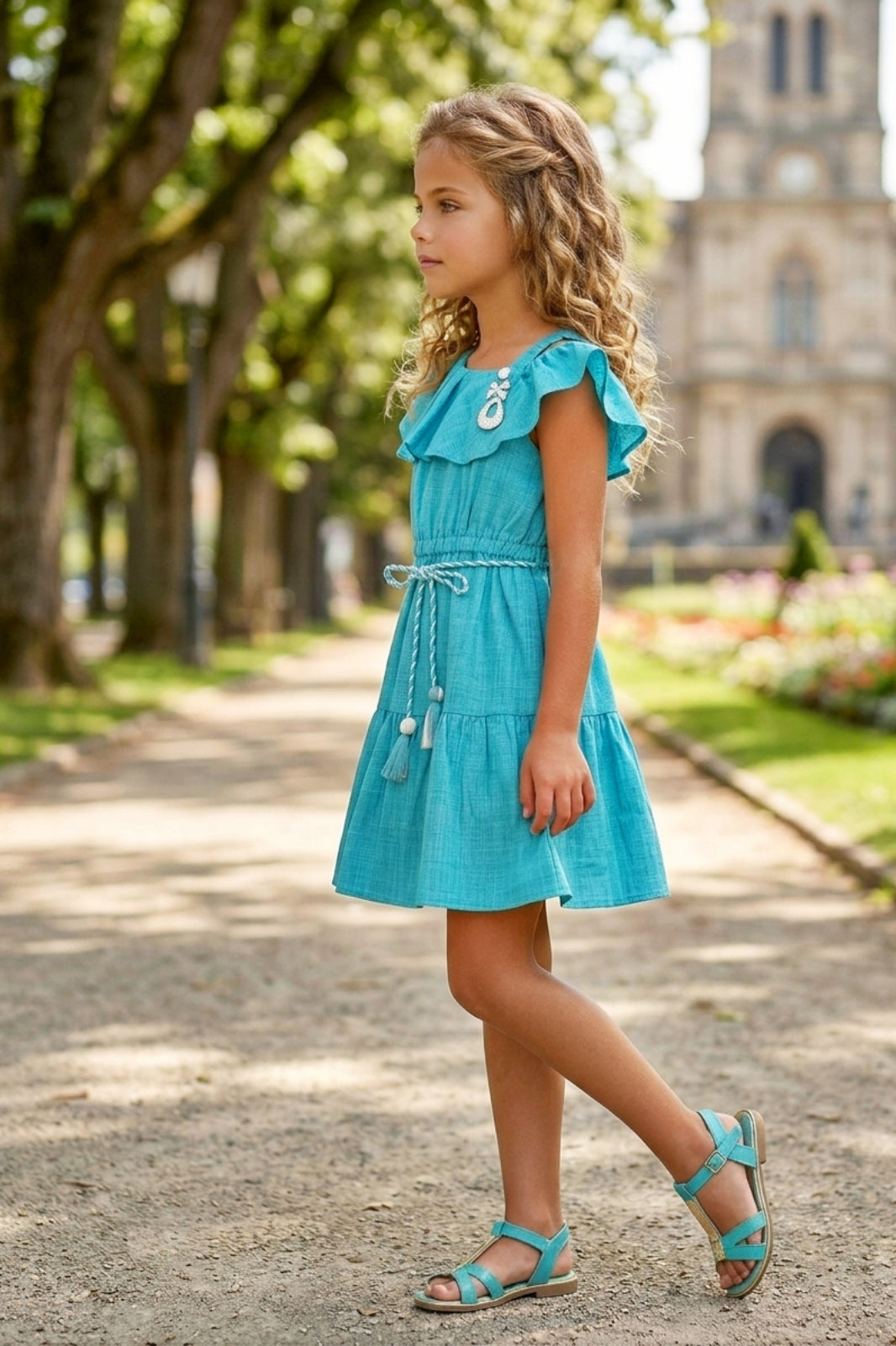 Girls Blue Off-Shoulder Ruffle Dress with Belt