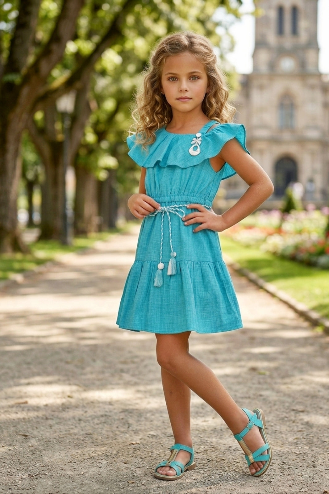 Girls Blue Off-Shoulder Ruffle Dress with Belt