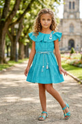 Girls Blue Off-Shoulder Ruffle Dress with Belt