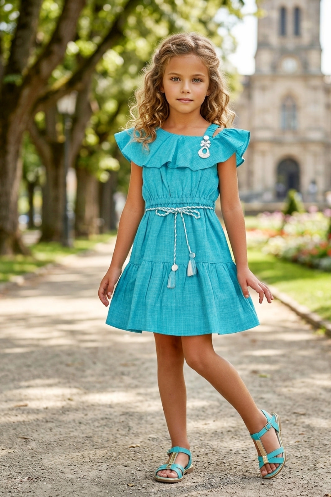 Girls Blue Off-Shoulder Ruffle Dress with Belt