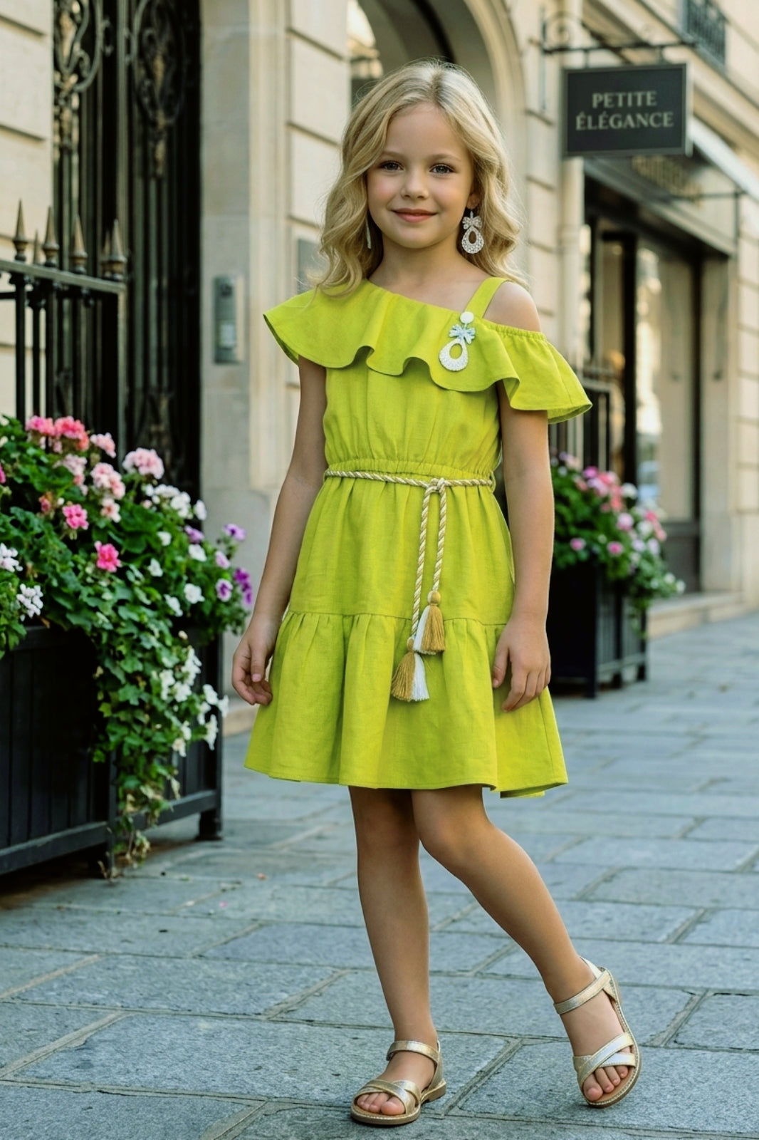 Girls Green Off-Shoulder Ruffle Dress with Belt