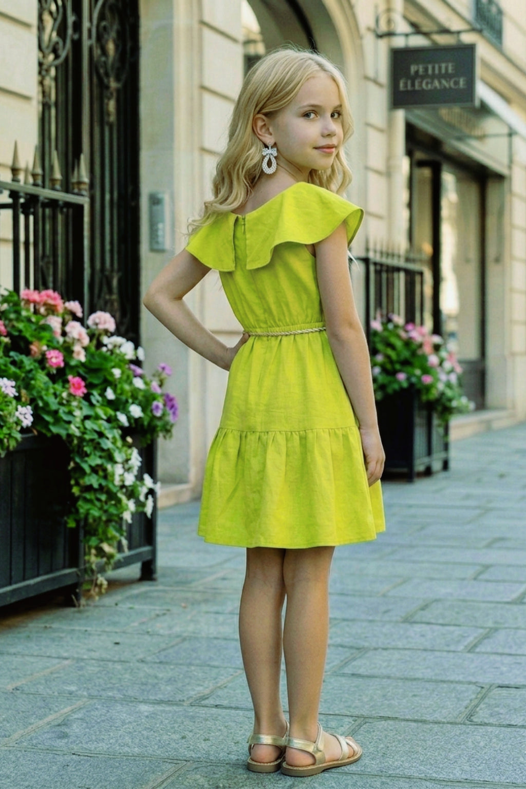 Girls Green Off-Shoulder Ruffle Dress with Belt