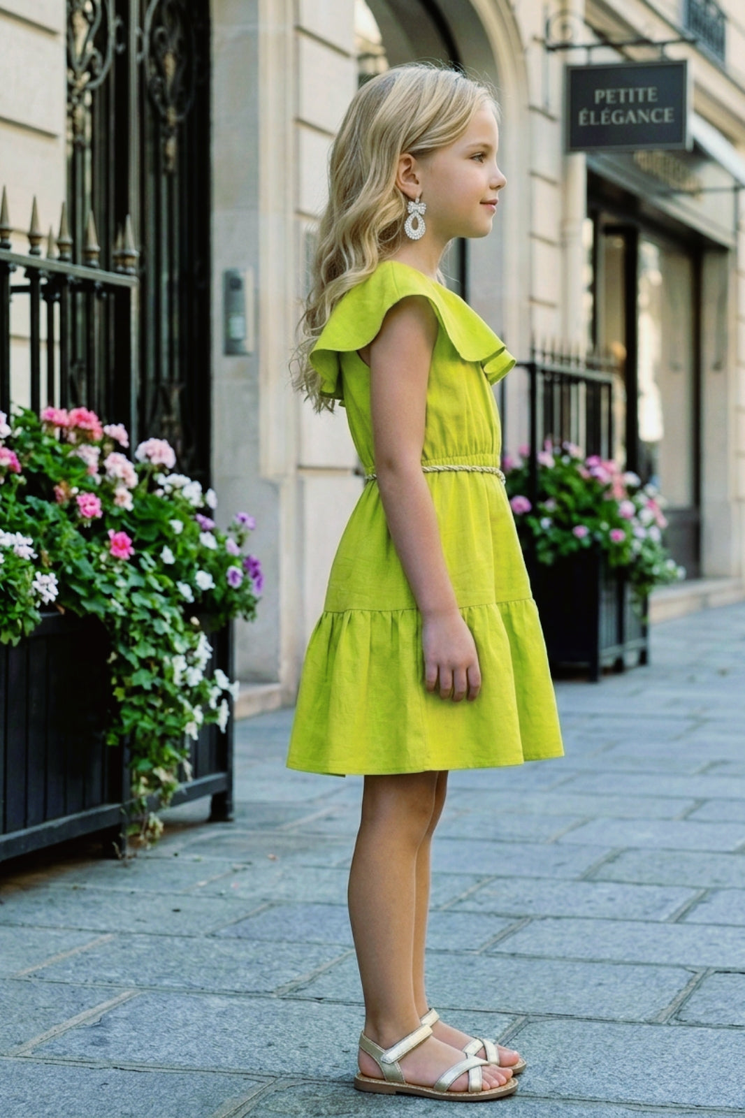 Girls Green Off-Shoulder Ruffle Dress with Belt