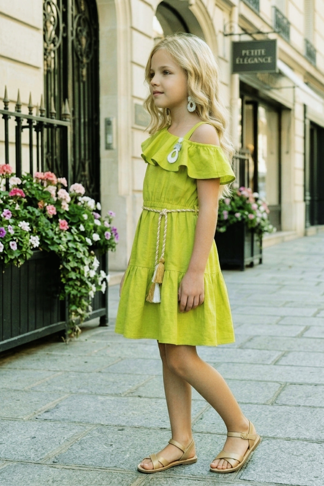 Girls Green Off-Shoulder Ruffle Dress with Belt