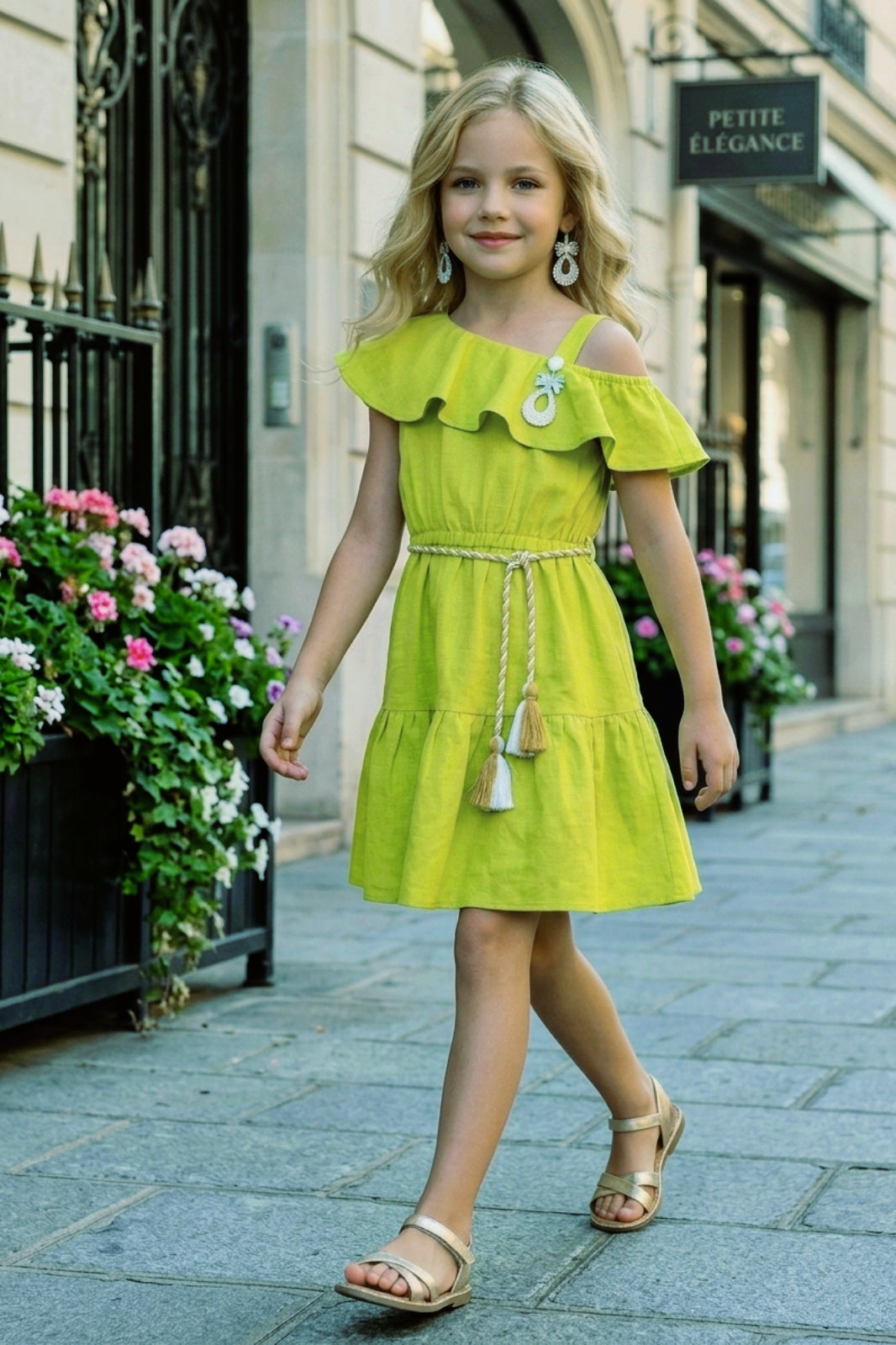 Girls Green Off-Shoulder Ruffle Dress with Belt